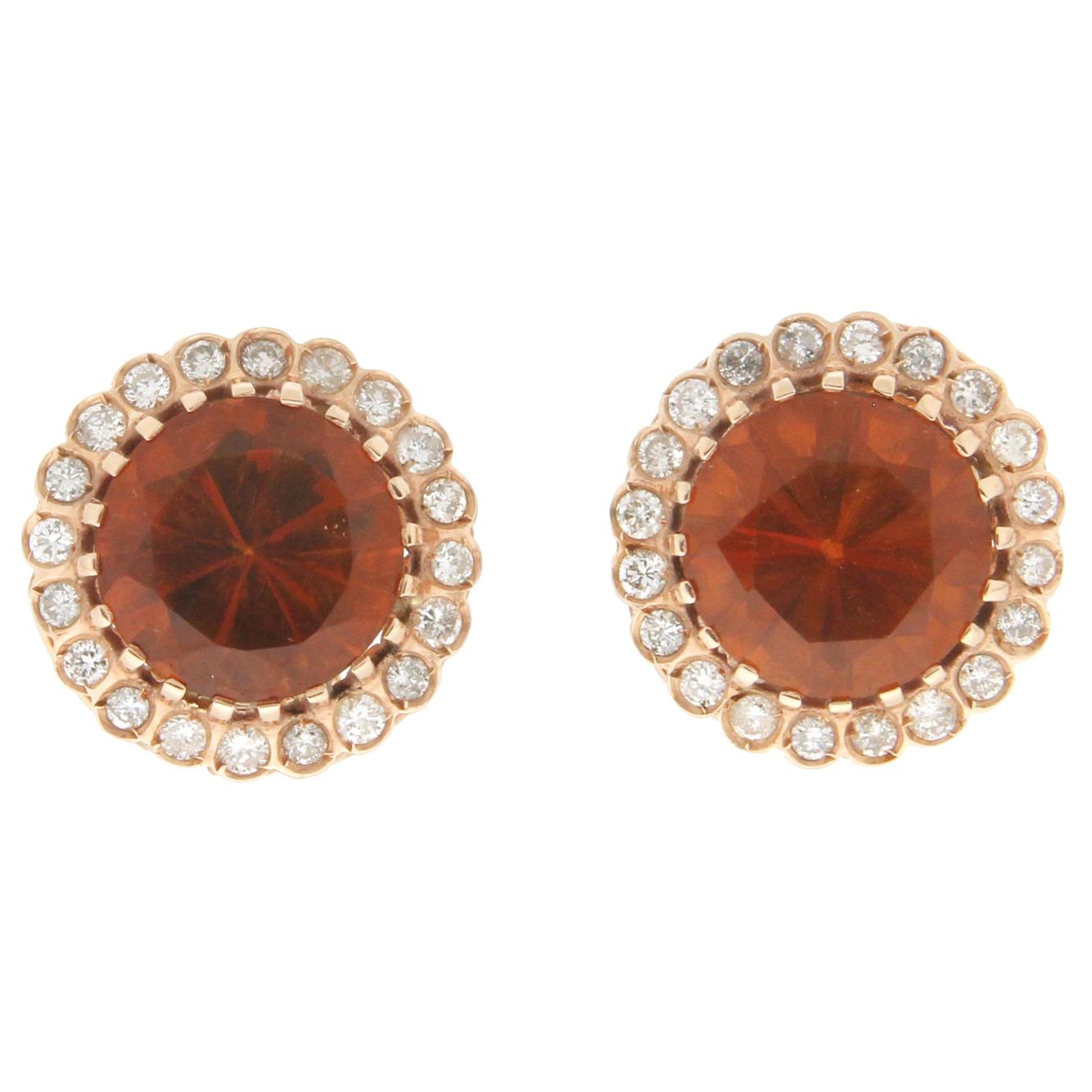 Handcraft Citrine 14 Karat Yellow Gold Diamonds Stud Earrings For Sale