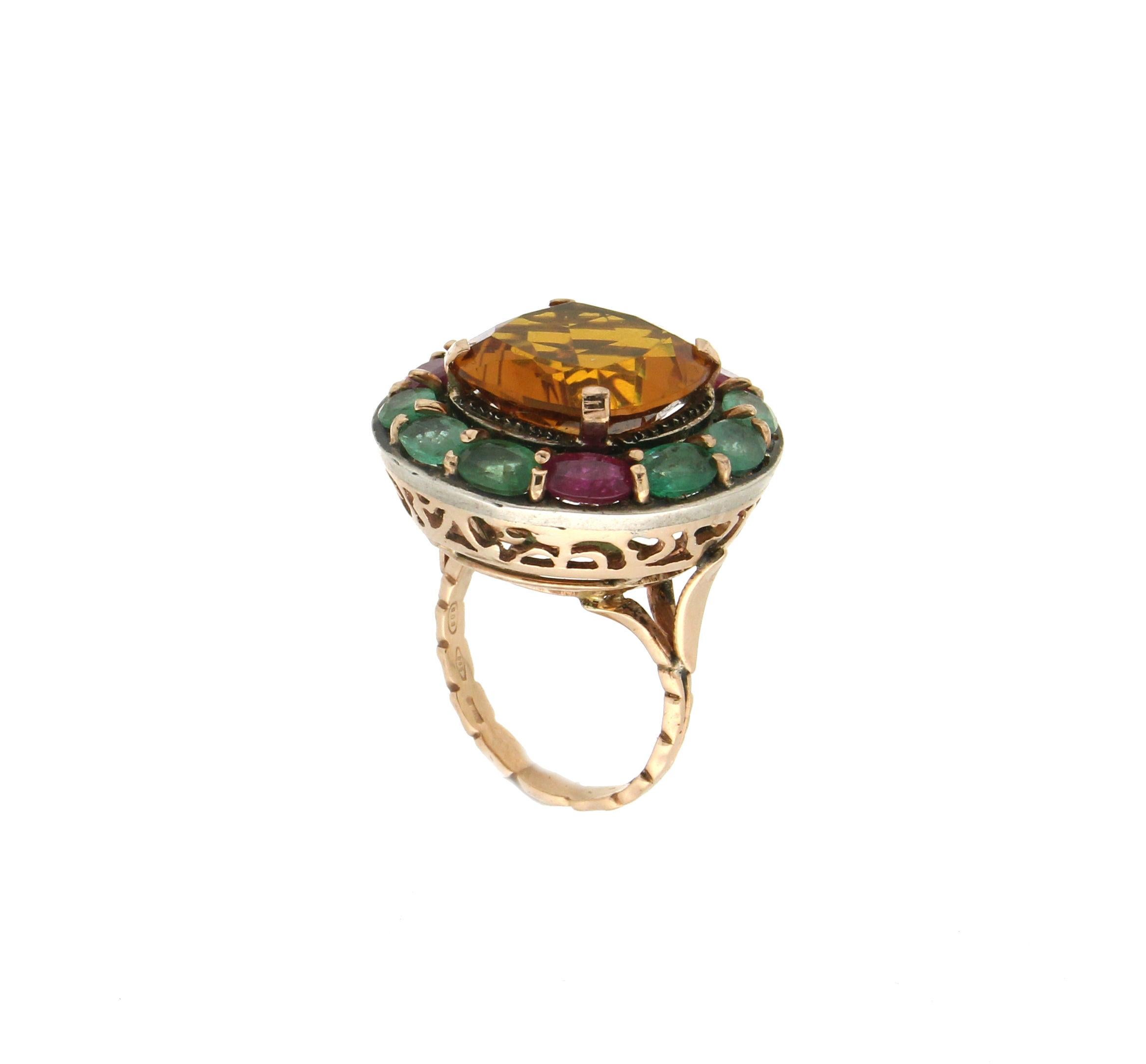 Artisan Handcraft Citrine 14 Karat Yellow Gold Emerald And Ruby Cocktail Ring For Sale