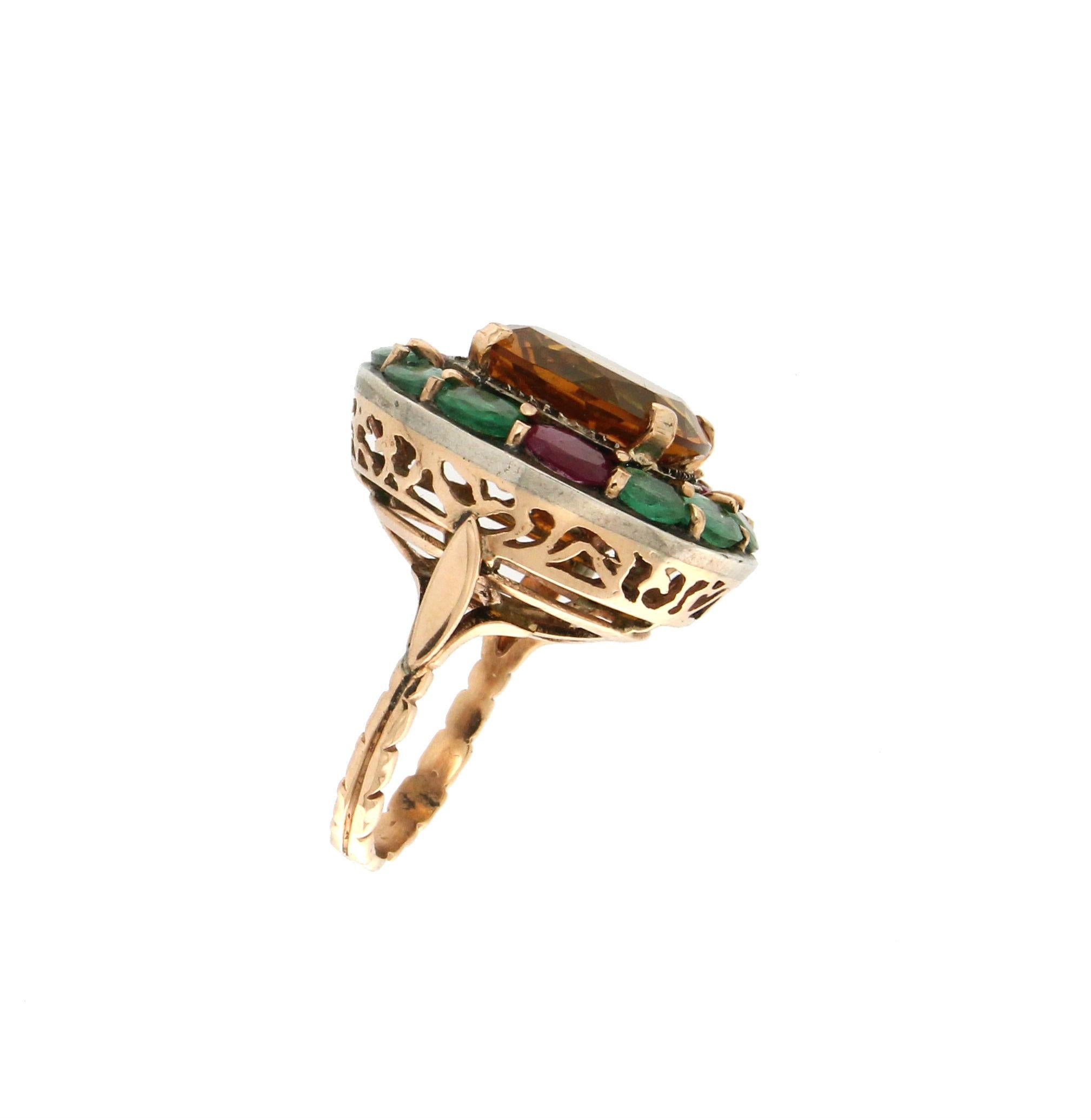Mixed Cut Handcraft Citrine 14 Karat Yellow Gold Emerald And Ruby Cocktail Ring For Sale