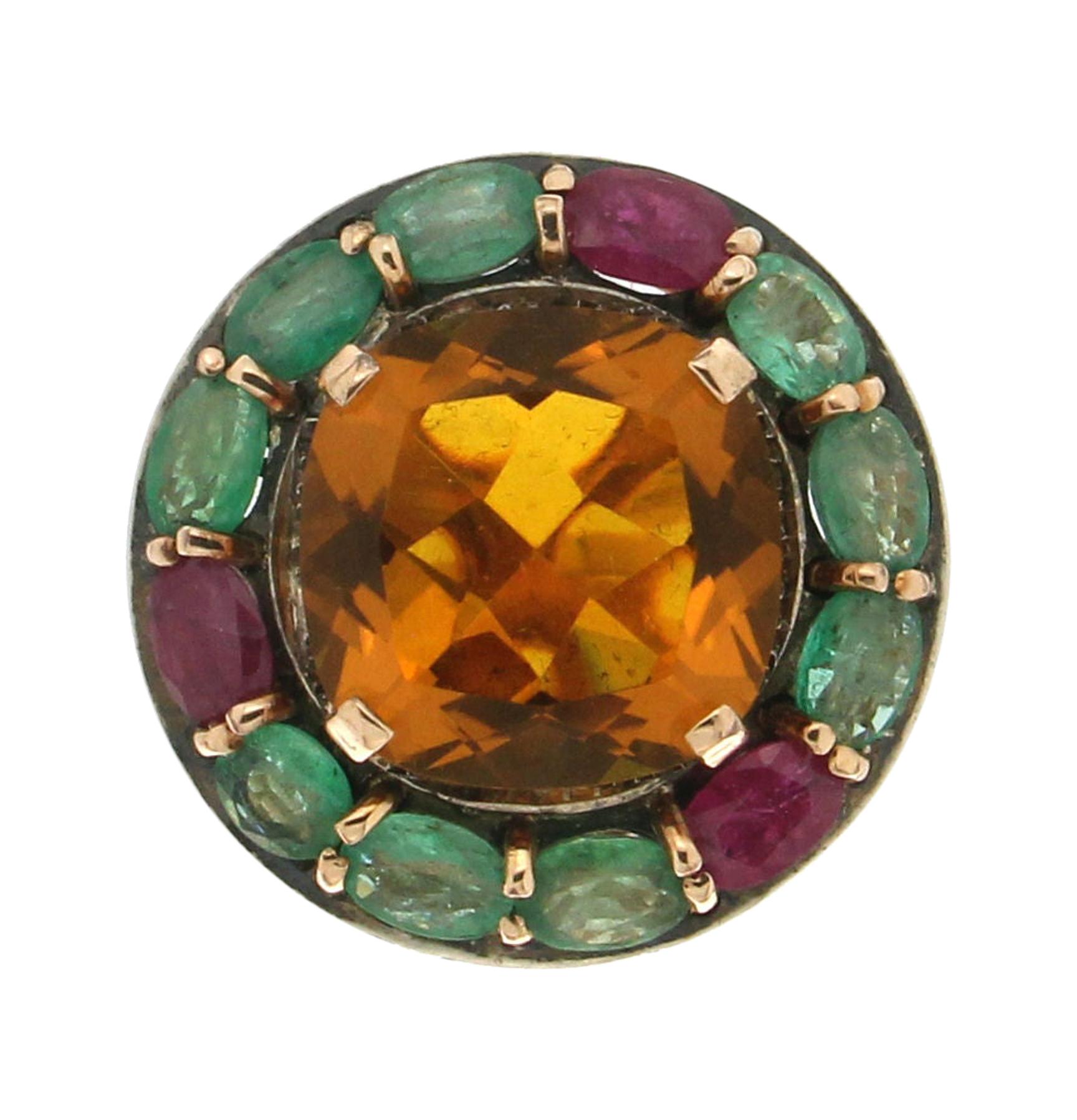 Handcraft Citrine 14 Karat Yellow Gold Emerald And Ruby Cocktail Ring