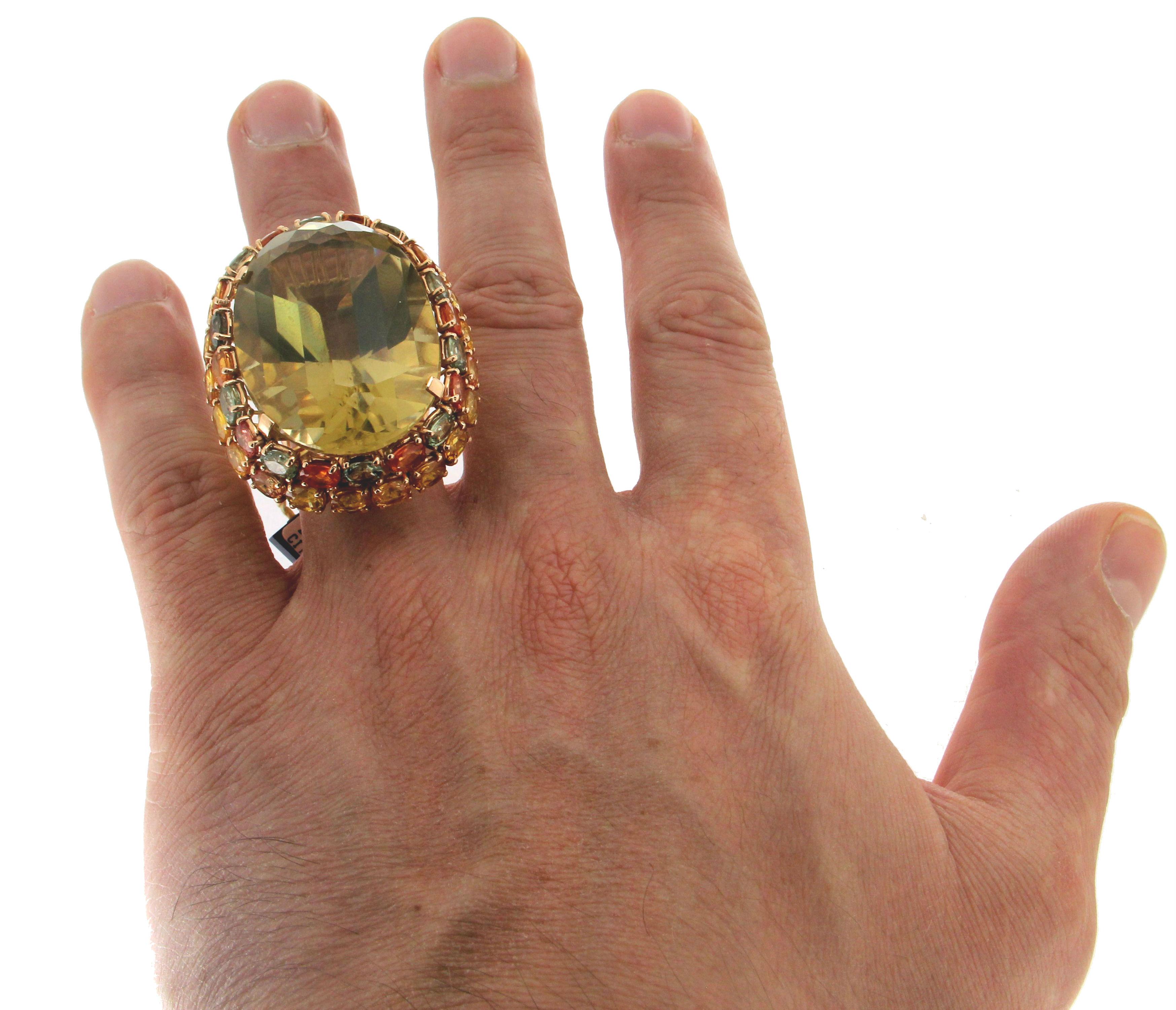 Handcraft Citrine 14 Karat Yellow Gold Sapphires Cocktail Ring For Sale 4