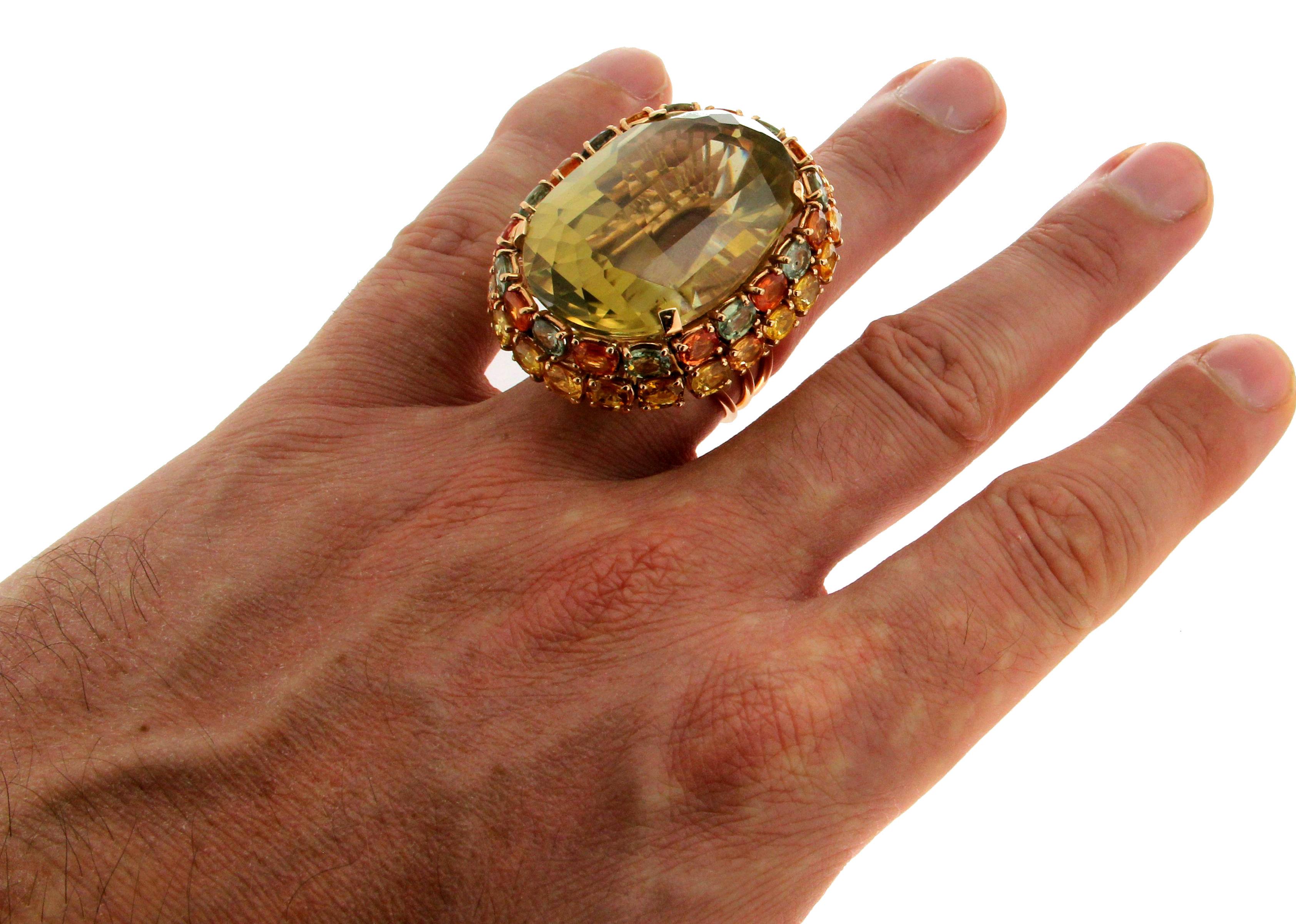 Handcraft Citrine 14 Karat Yellow Gold Sapphires Cocktail Ring For Sale 5
