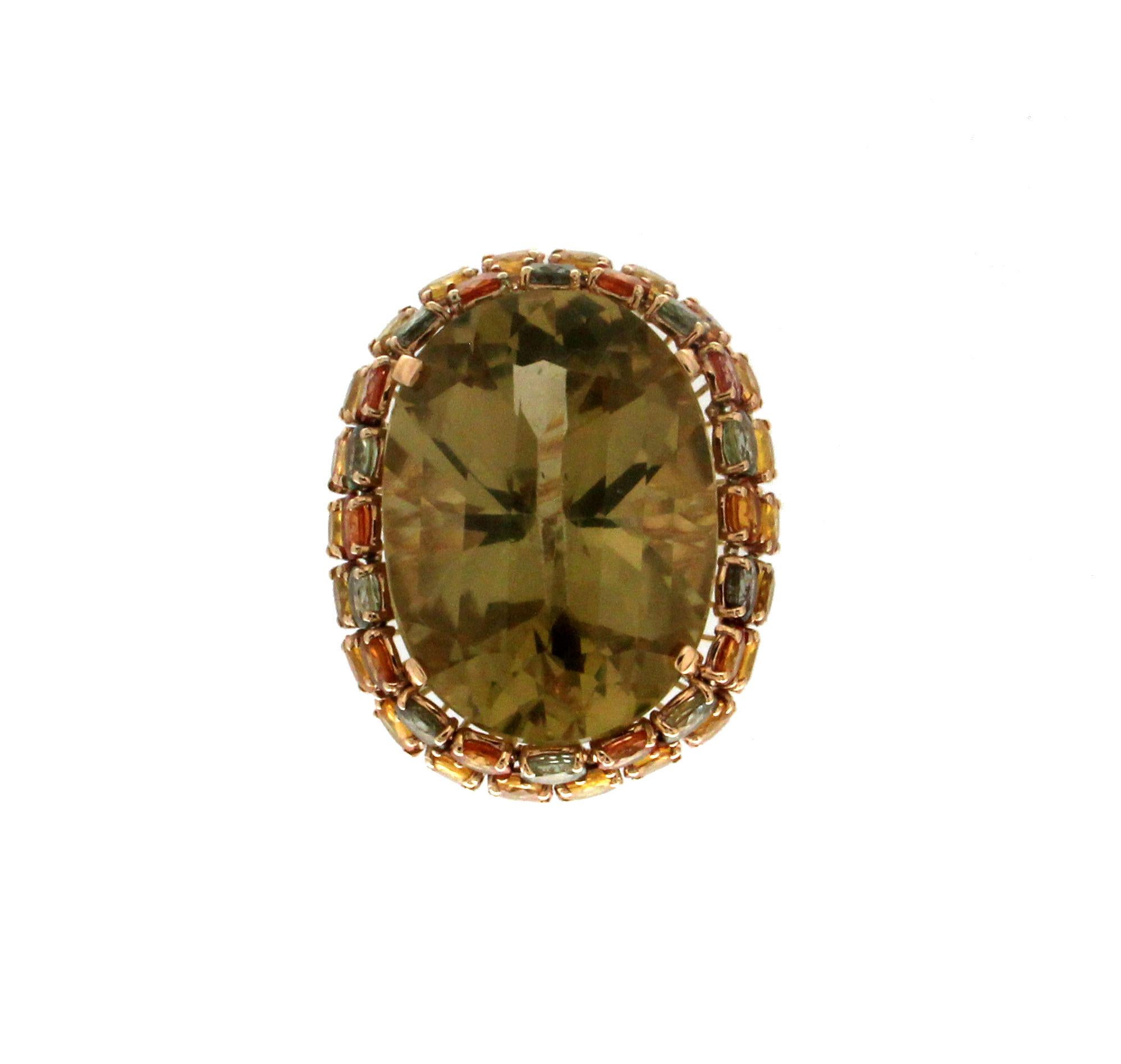 Mixed Cut Handcraft Citrine 14 Karat Yellow Gold Sapphires Cocktail Ring For Sale