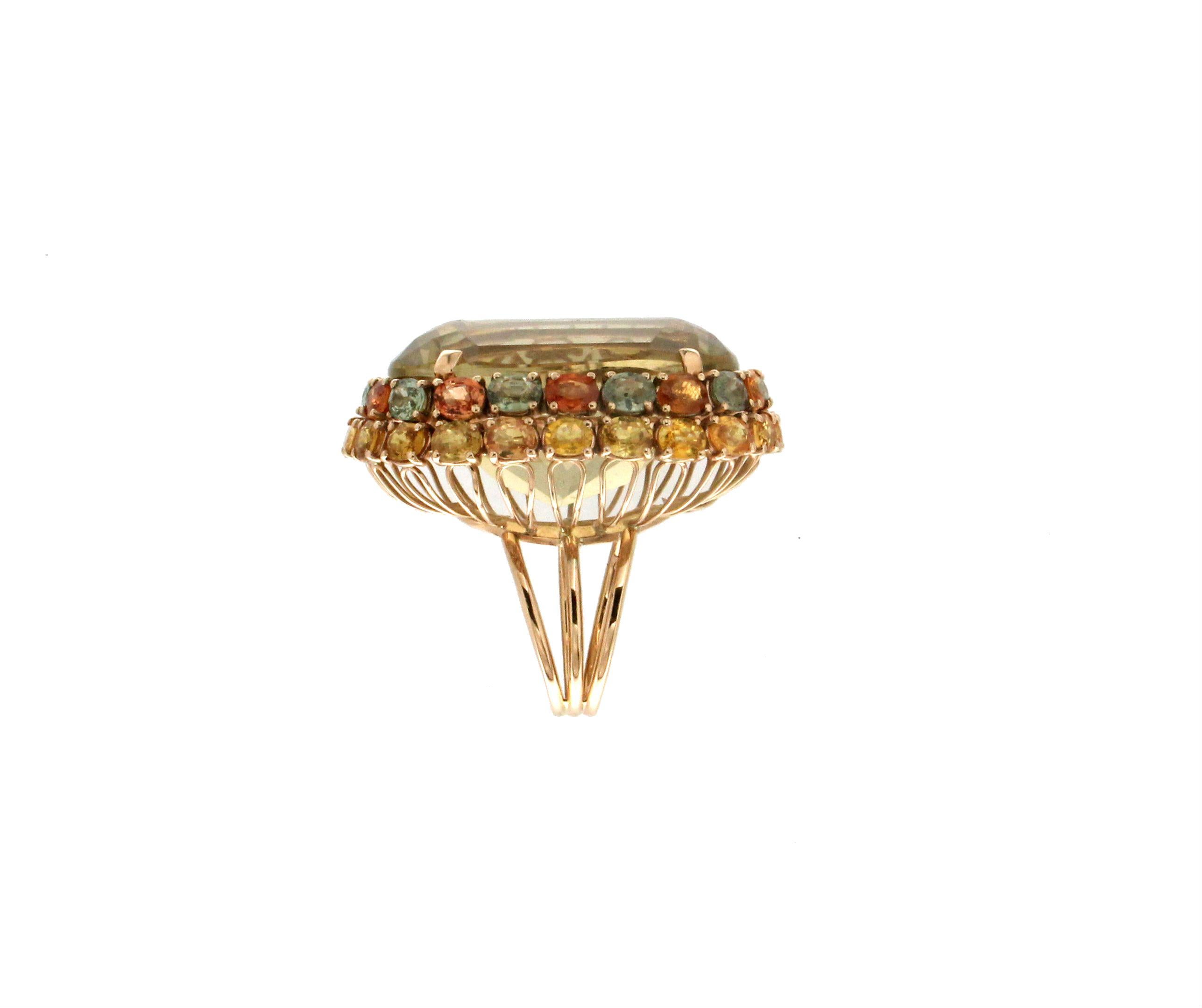 Handcraft Citrine 14 Karat Yellow Gold Sapphires Cocktail Ring In New Condition For Sale In Marcianise, IT