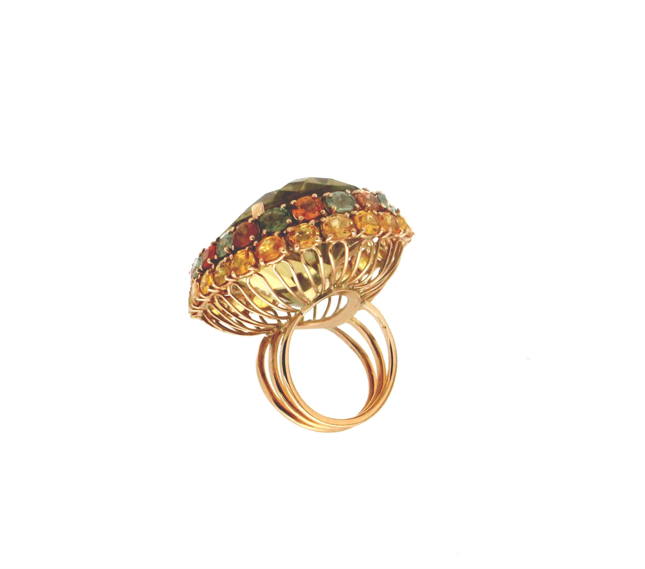 Handcraft Citrine 14 Karat Yellow Gold Sapphires Cocktail Ring For Sale 1