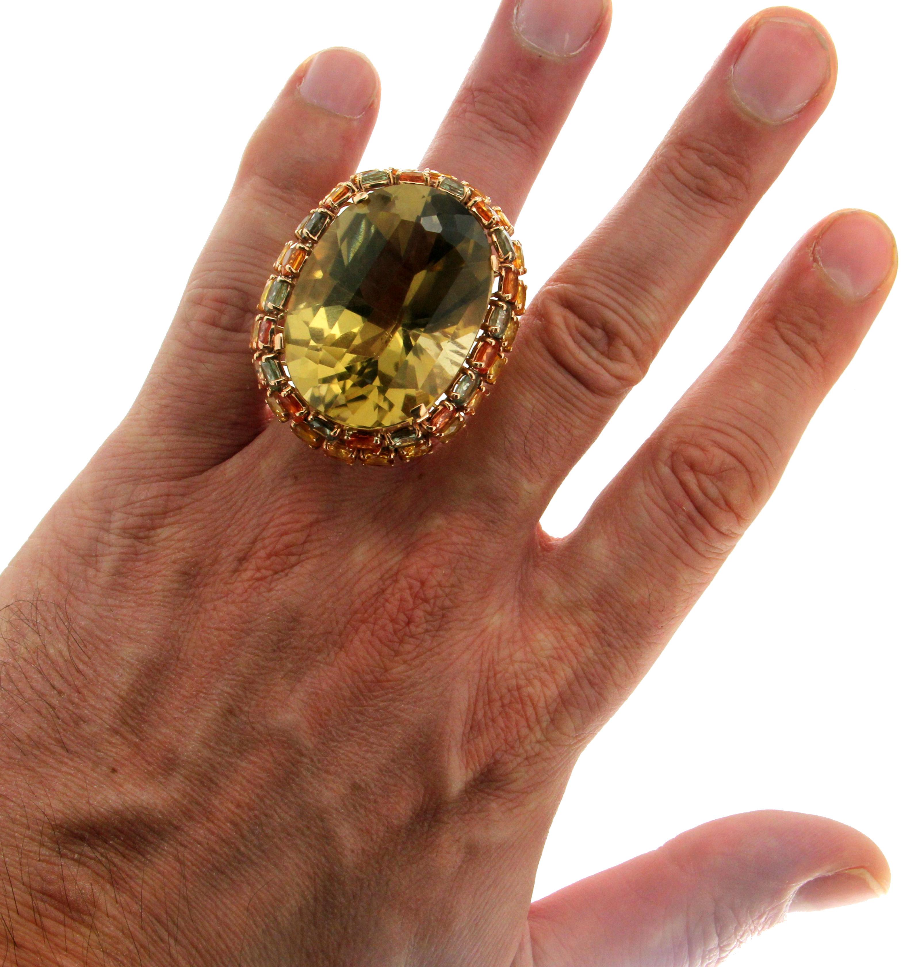 Handcraft Citrine 14 Karat Yellow Gold Sapphires Cocktail Ring For Sale 3