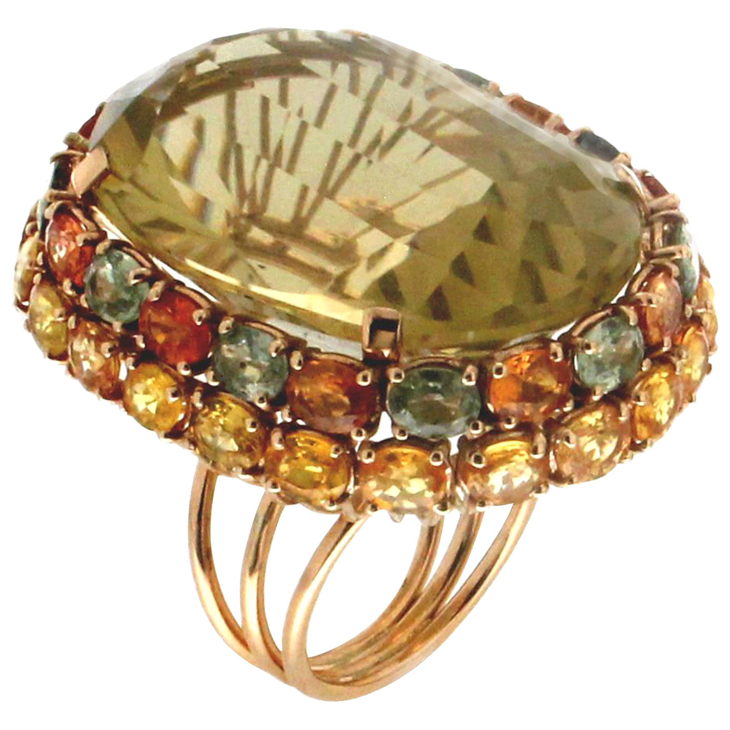 Handcraft Citrine 14 Karat Yellow Gold Sapphires Cocktail Ring