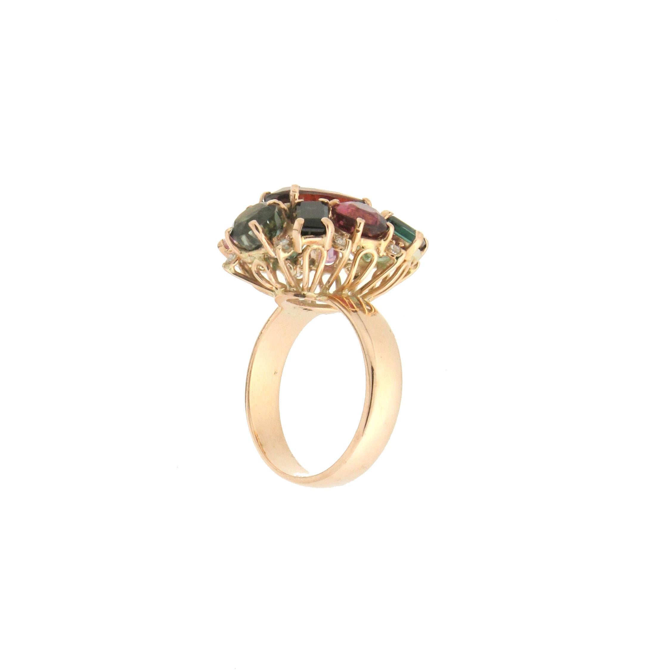 Handcraft Citrine 14 Karat Yellow Gold Tourmaline Diamonds Cocktail Ring In New Condition For Sale In Marcianise, IT