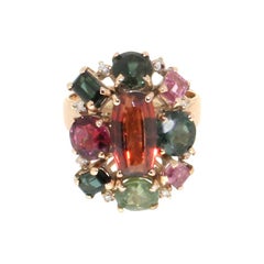 Anillo Cóctel Citrino Oro Amarillo 14 Kilates Turmalina Diamantes