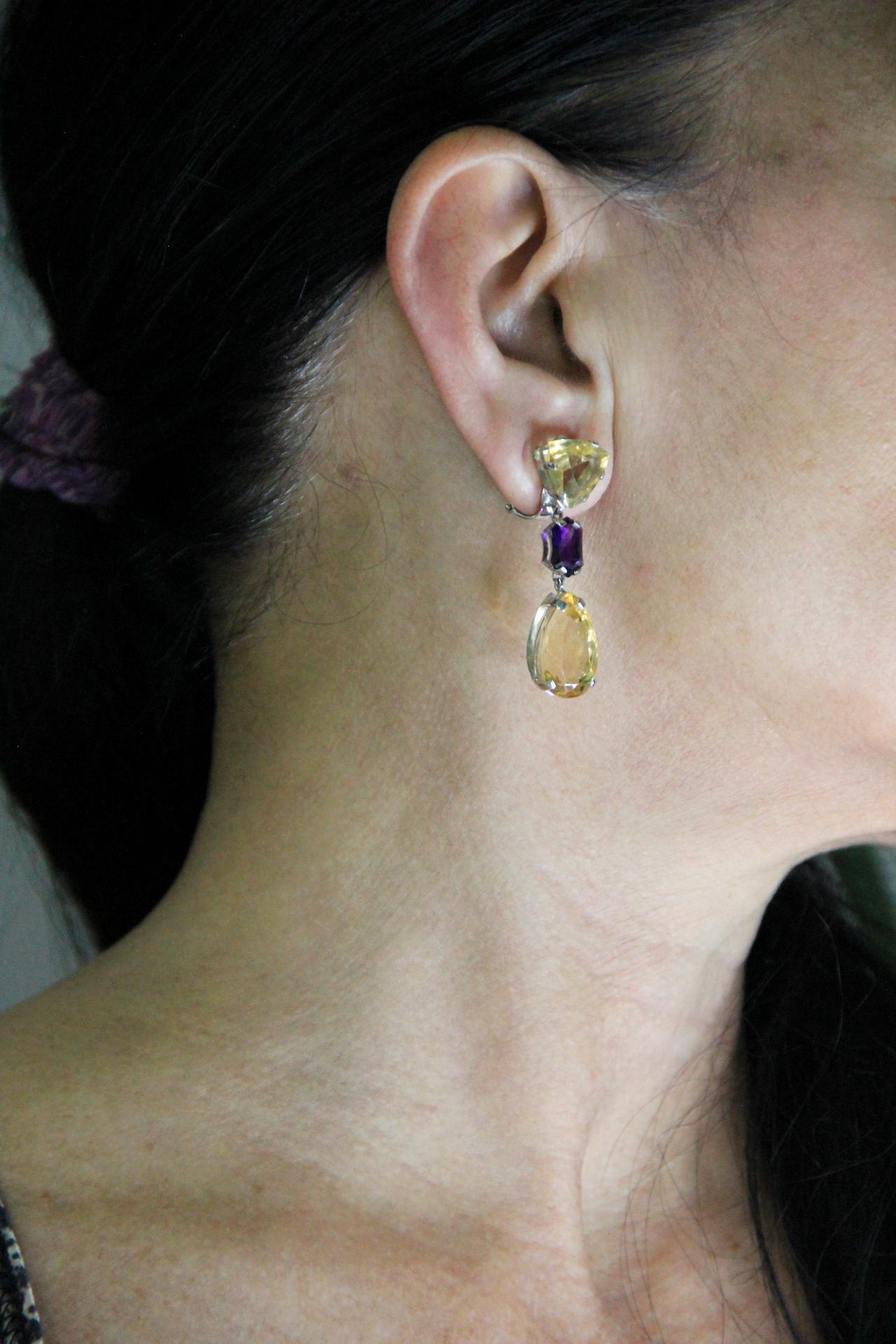 Handcraft Citrine 18 Karat White Gold Amethyst Drop Earrings For Sale 4