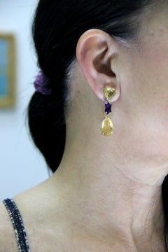 Handcraft Citrine 18 Karat White Gold Amethyst Drop Earrings