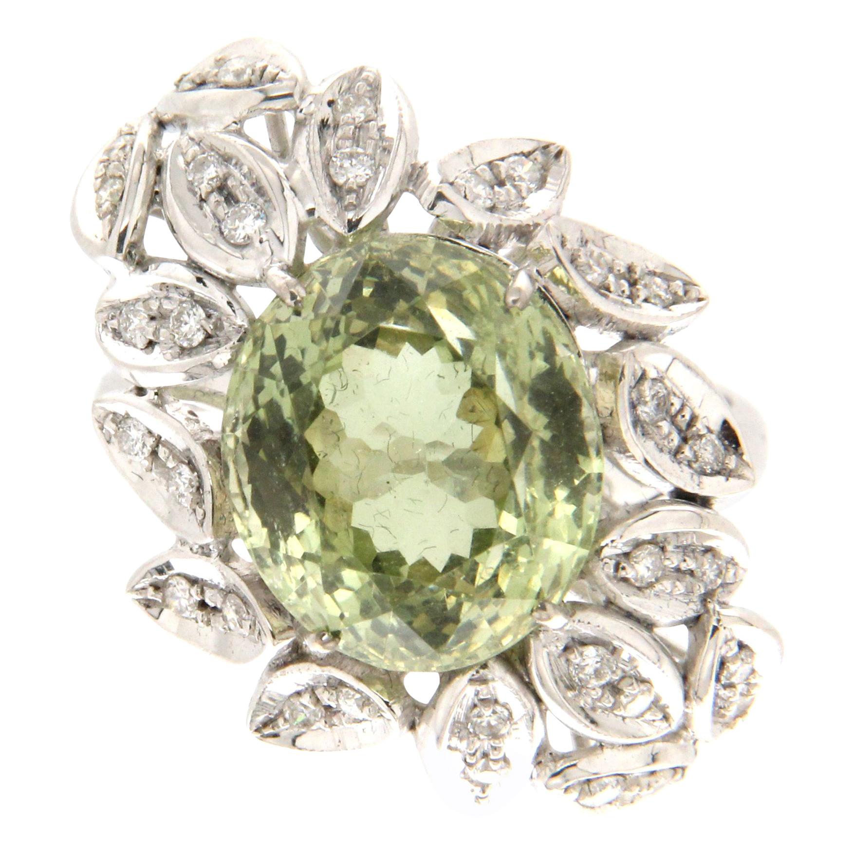 Anillo de Cóctel de Oro Blanco de 18 Kilates con Diamantes de Citrino Artesanal