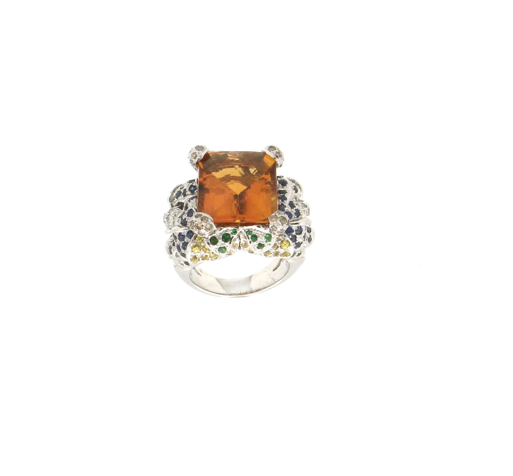 Artisan Handcraft Citrine 18 Karat White Gold Diamonds Emeralds Sapphires Cocktail Ring For Sale