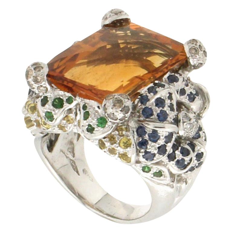 Handcraft Citrine 18 Karat White Gold Diamonds Emeralds Sapphires Cocktail Ring