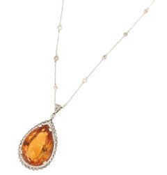 Handcraft Citrine 18 Karat White Gold Diamonds Pendant Necklace
