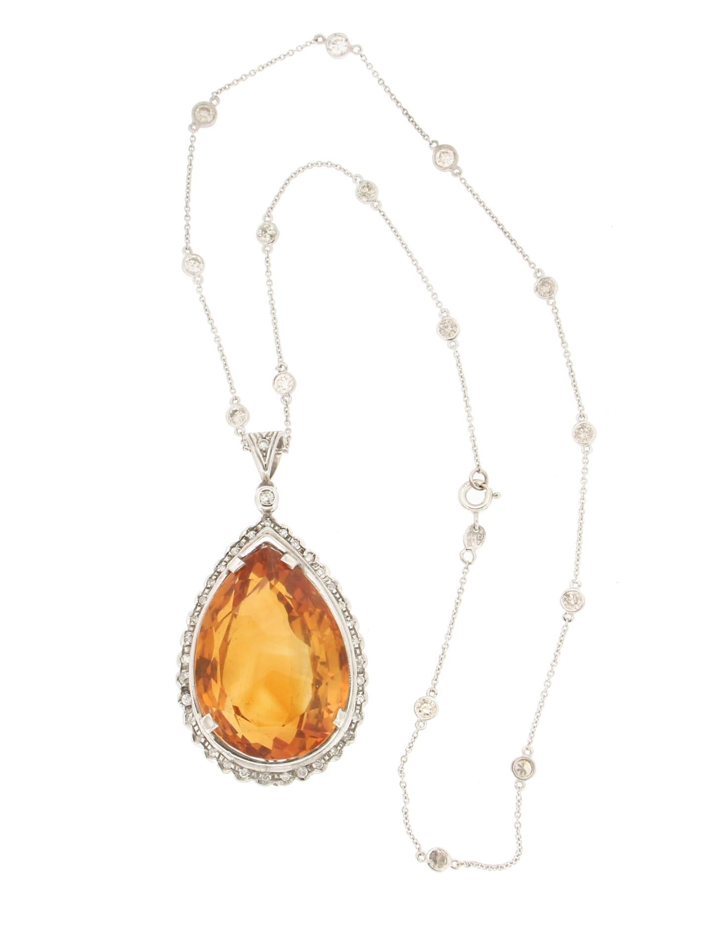 Handcraft Citrine 18 Karat White Gold Diamonds Pendant Necklace In New Condition For Sale In Marcianise, IT