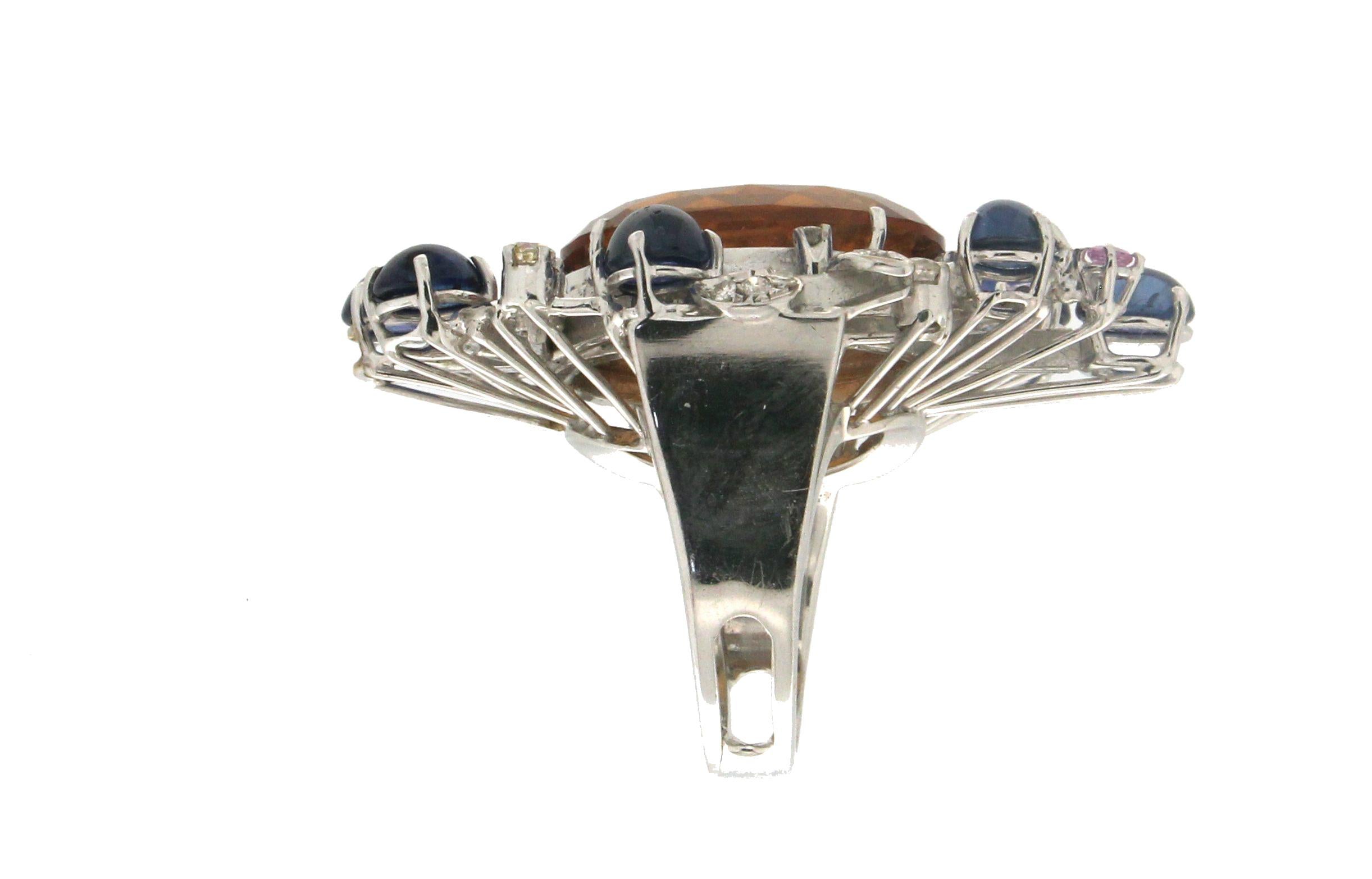 Handcraft Citrine 18 Karat White Gold Diamonds Sapphires Cocktail Ring In New Condition For Sale In Marcianise, IT