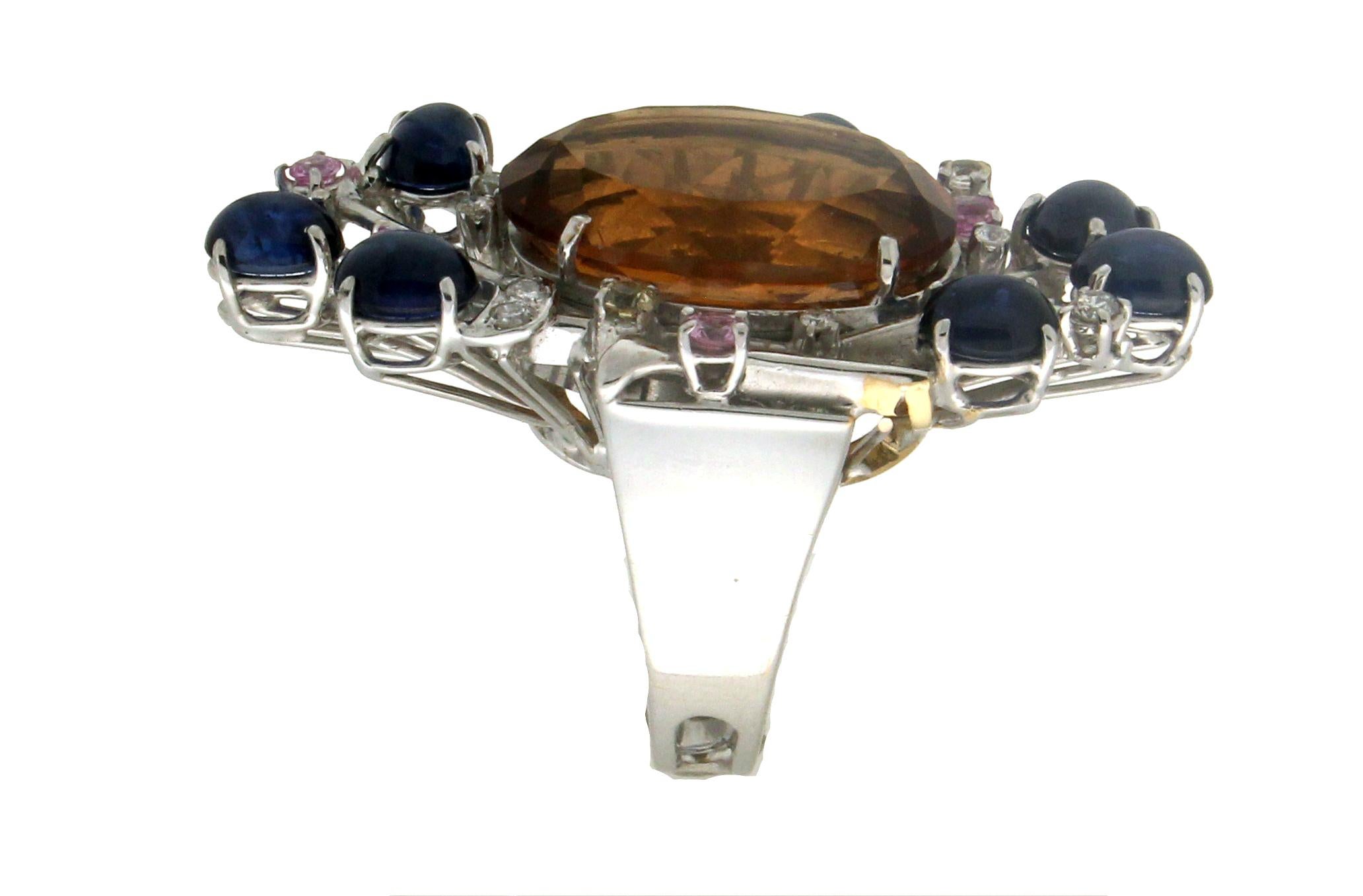 Women's Handcraft Citrine 18 Karat White Gold Diamonds Sapphires Cocktail Ring For Sale