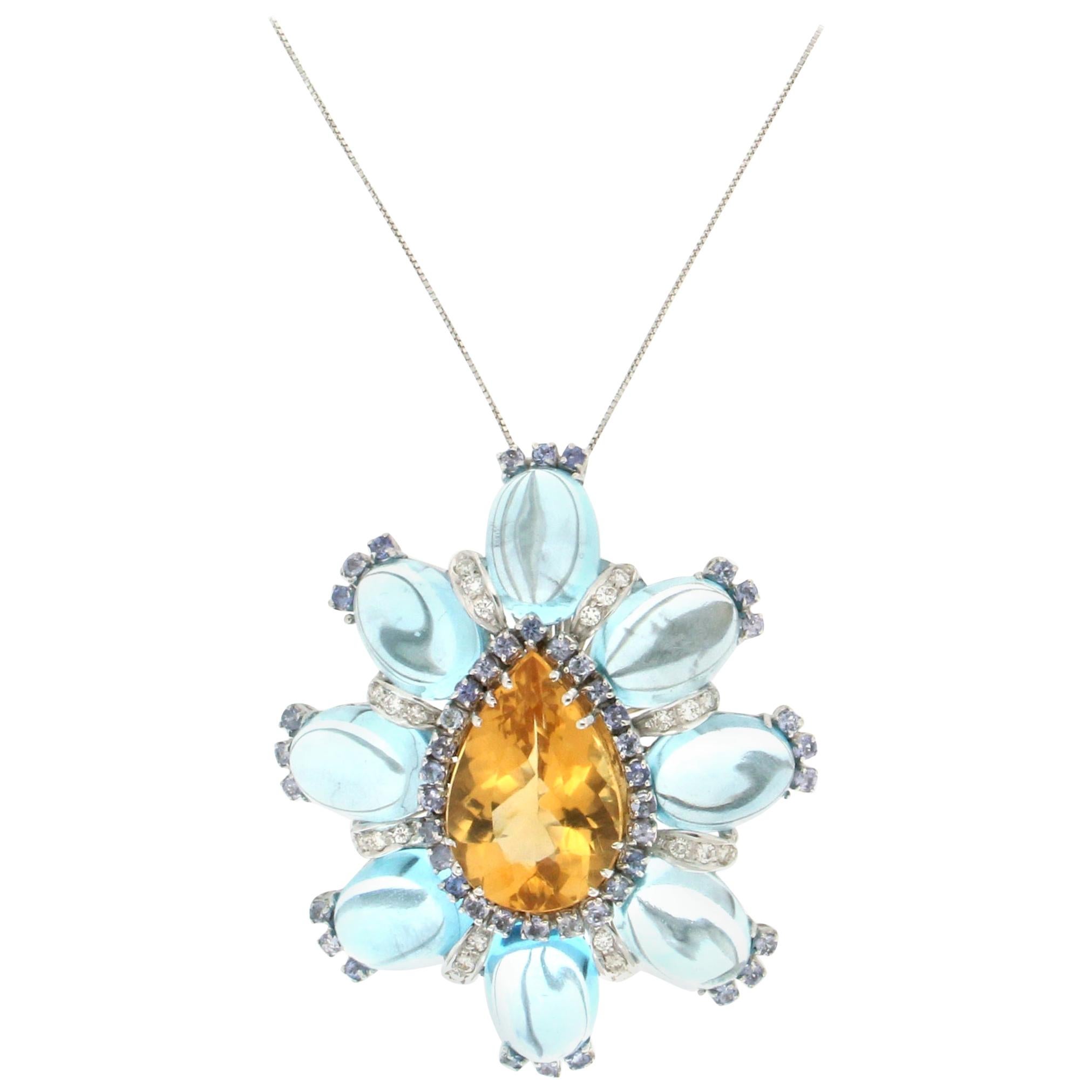 Handcraft Citrine 18 Karat White Gold Diamonds Topaz Sapphires Pendant Necklace For Sale