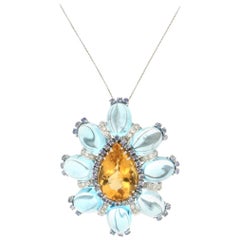 Collier pendentif artisanal en or blanc 18 carats avec citrine, diamants, topaze et saphirs