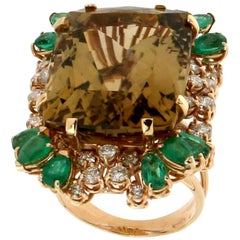 Handcraft Citrine 18 Karat Yellow Gold Diamonds Emeralds Cocktail Ring