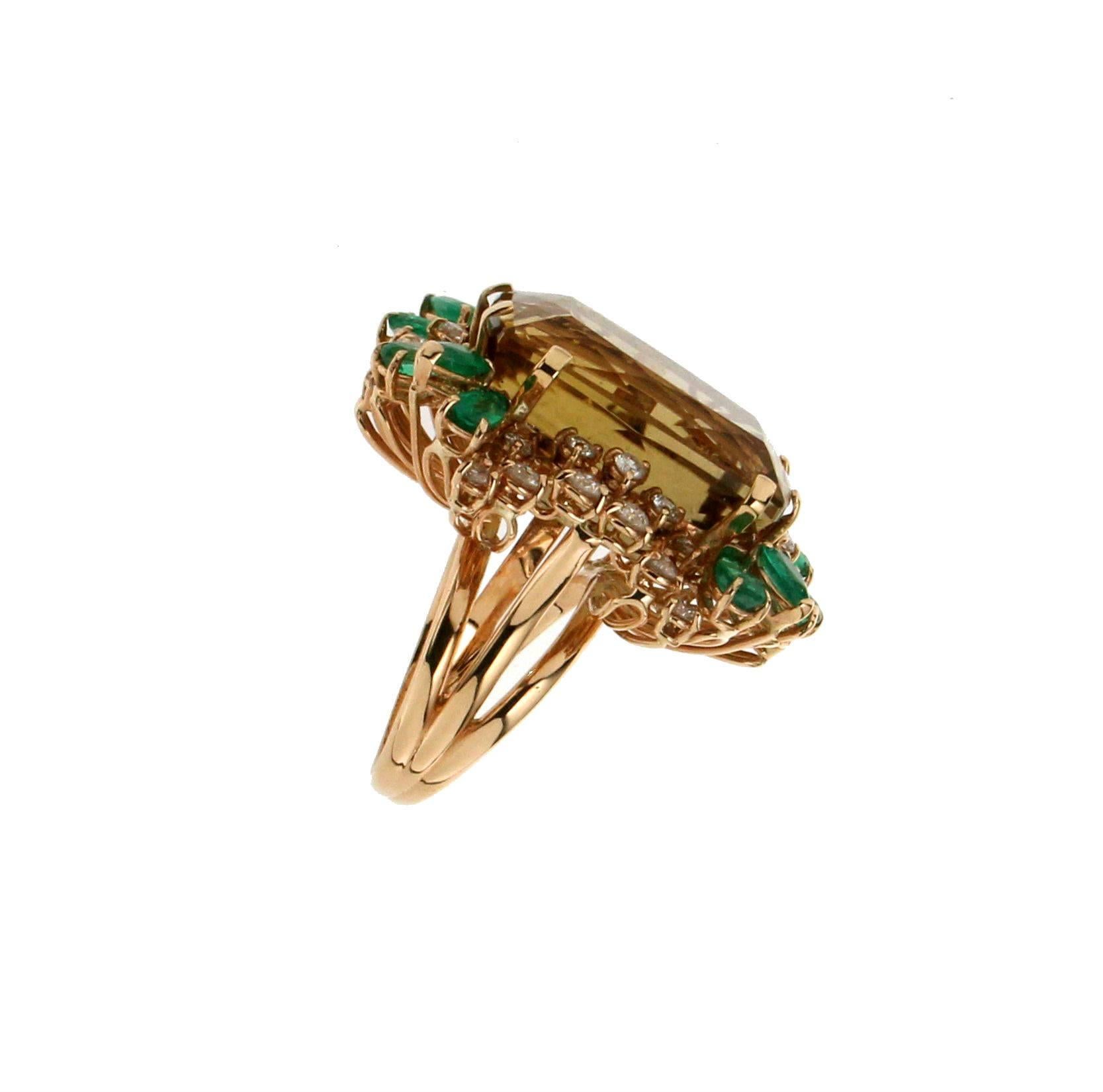 Artisan Handcraft Citrine 18 Karat Yellow Gold Diamonds Emeralds Cocktail Ring For Sale