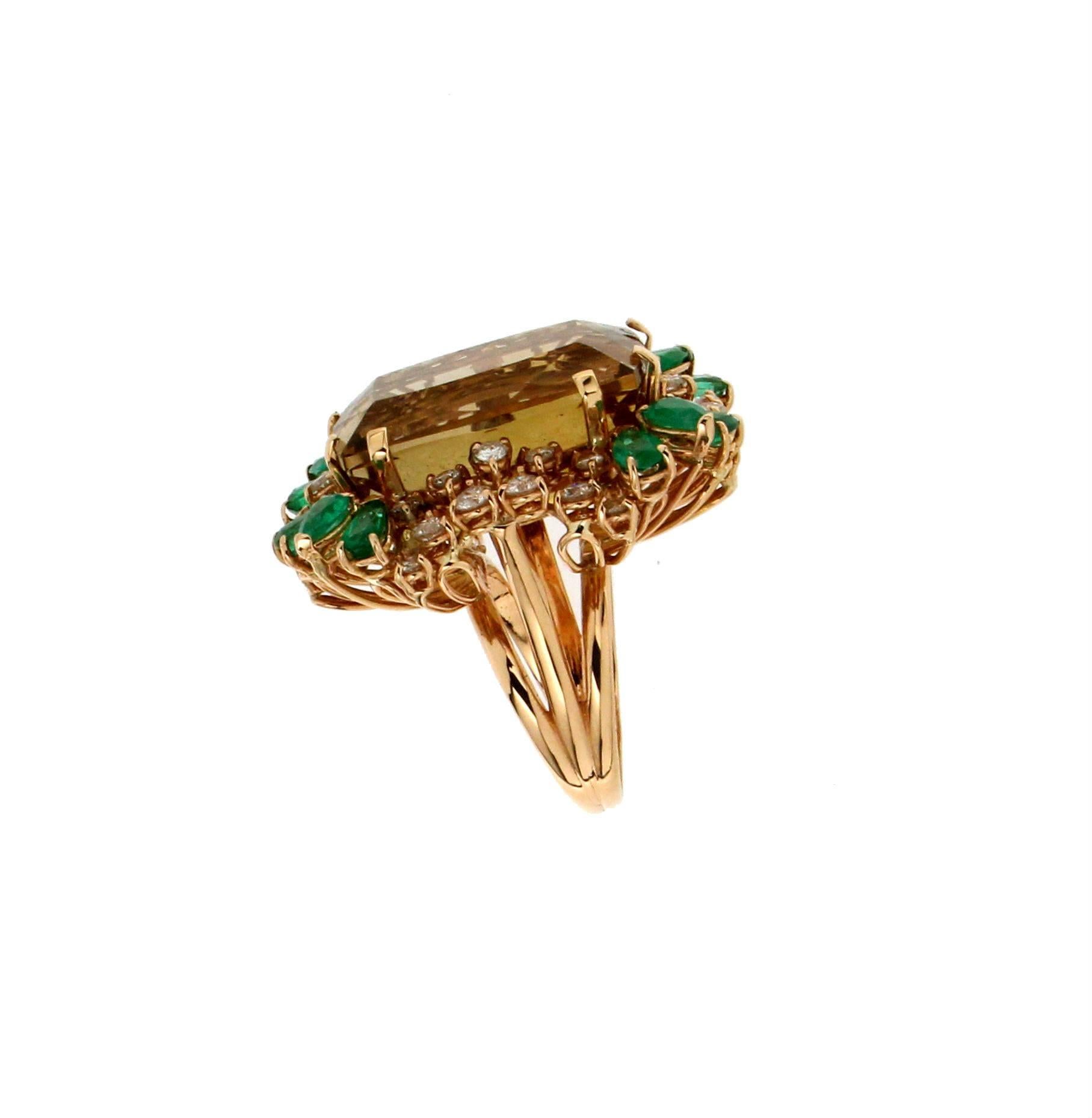 Emerald Cut Handcraft Citrine 18 Karat Yellow Gold Diamonds Emeralds Cocktail Ring For Sale