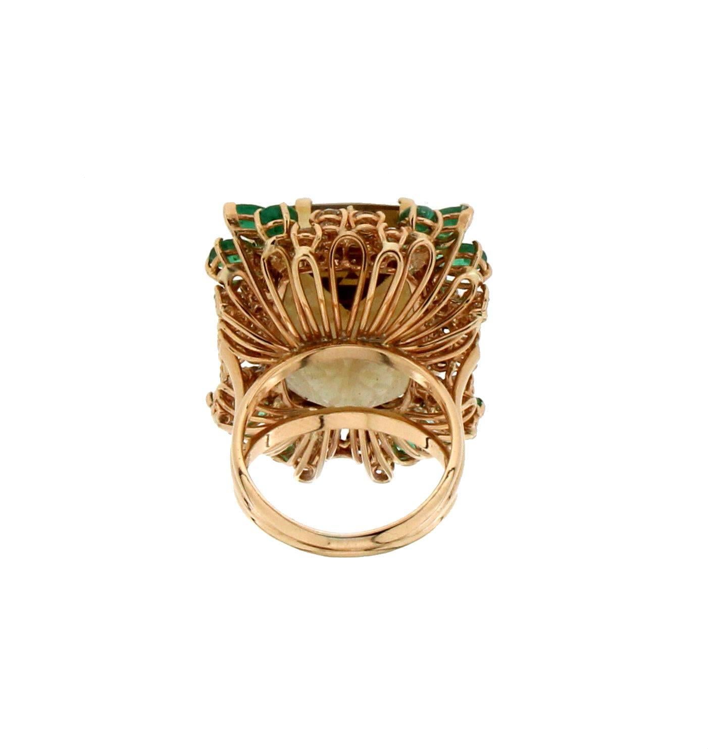 Women's Handcraft Citrine 18 Karat Yellow Gold Diamonds Emeralds Cocktail Ring For Sale