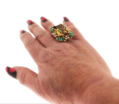 Contemporary Brown Citrine, Emerald, & Diamond Cocktail Ring in 18k Yellow Gold