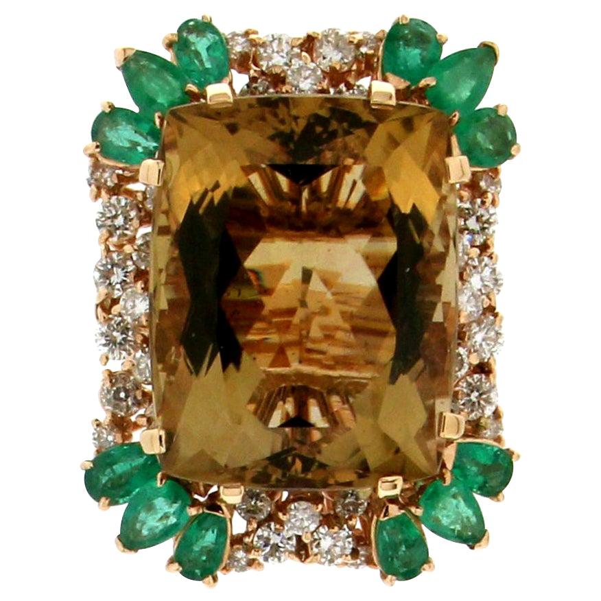 Handcraft Citrine 18 Karat Yellow Gold Diamonds Emeralds Cocktail Ring