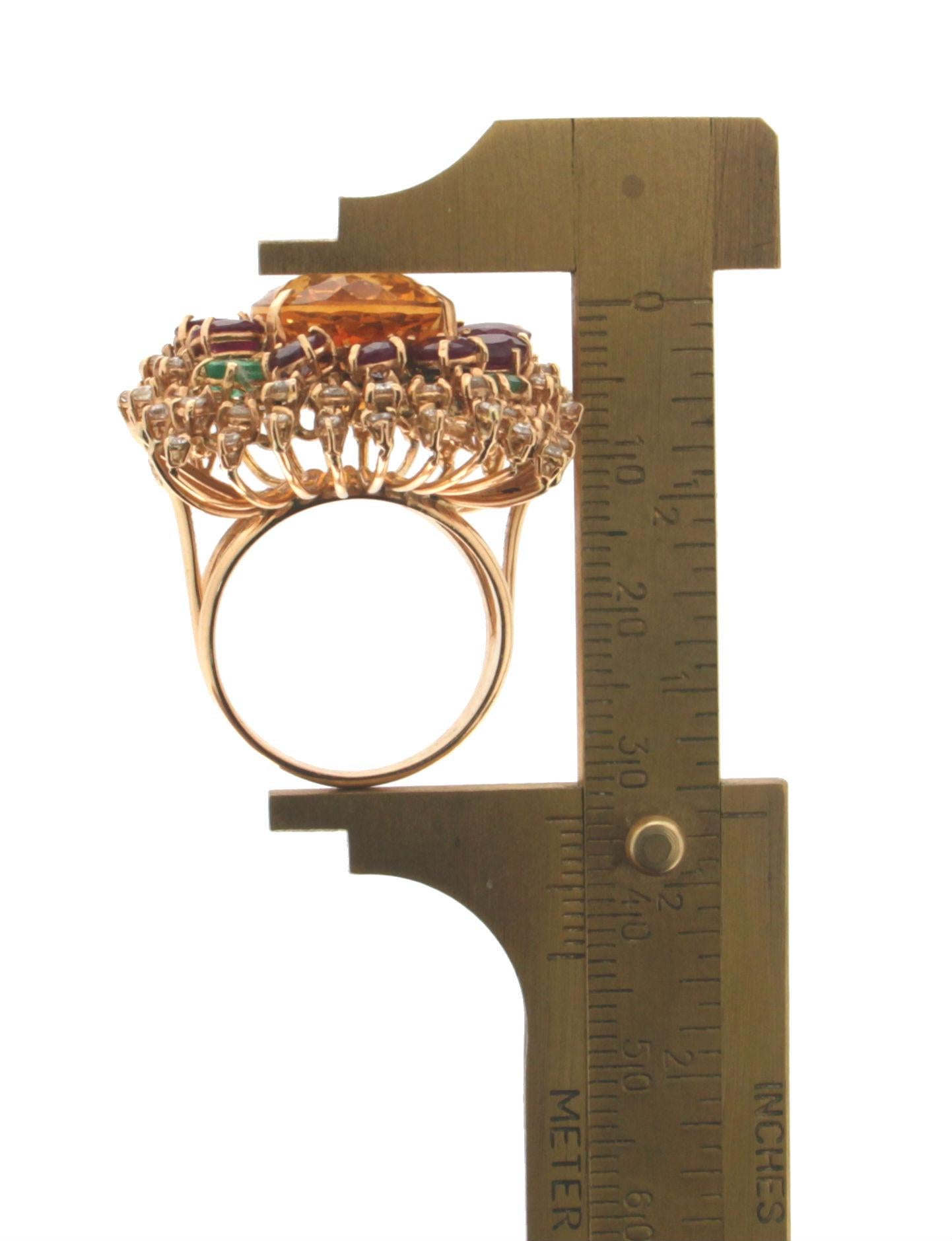 Handcraft Citrine 18 Karat Yellow Gold Diamonds Ruby Emerald Cocktail Ring For Sale 4