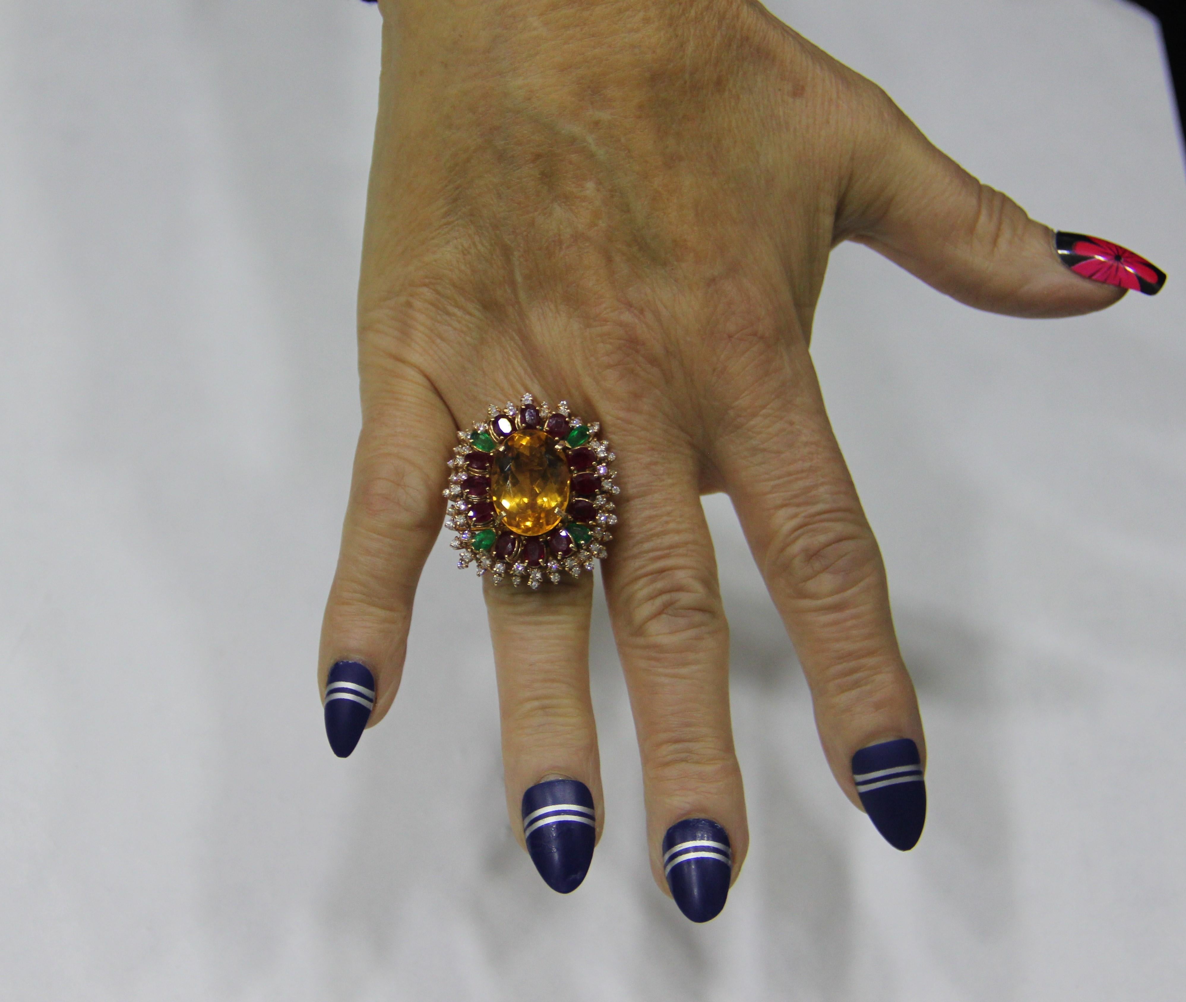 Handcraft Citrine 18 Karat Yellow Gold Diamonds Ruby Emerald Cocktail Ring For Sale 5