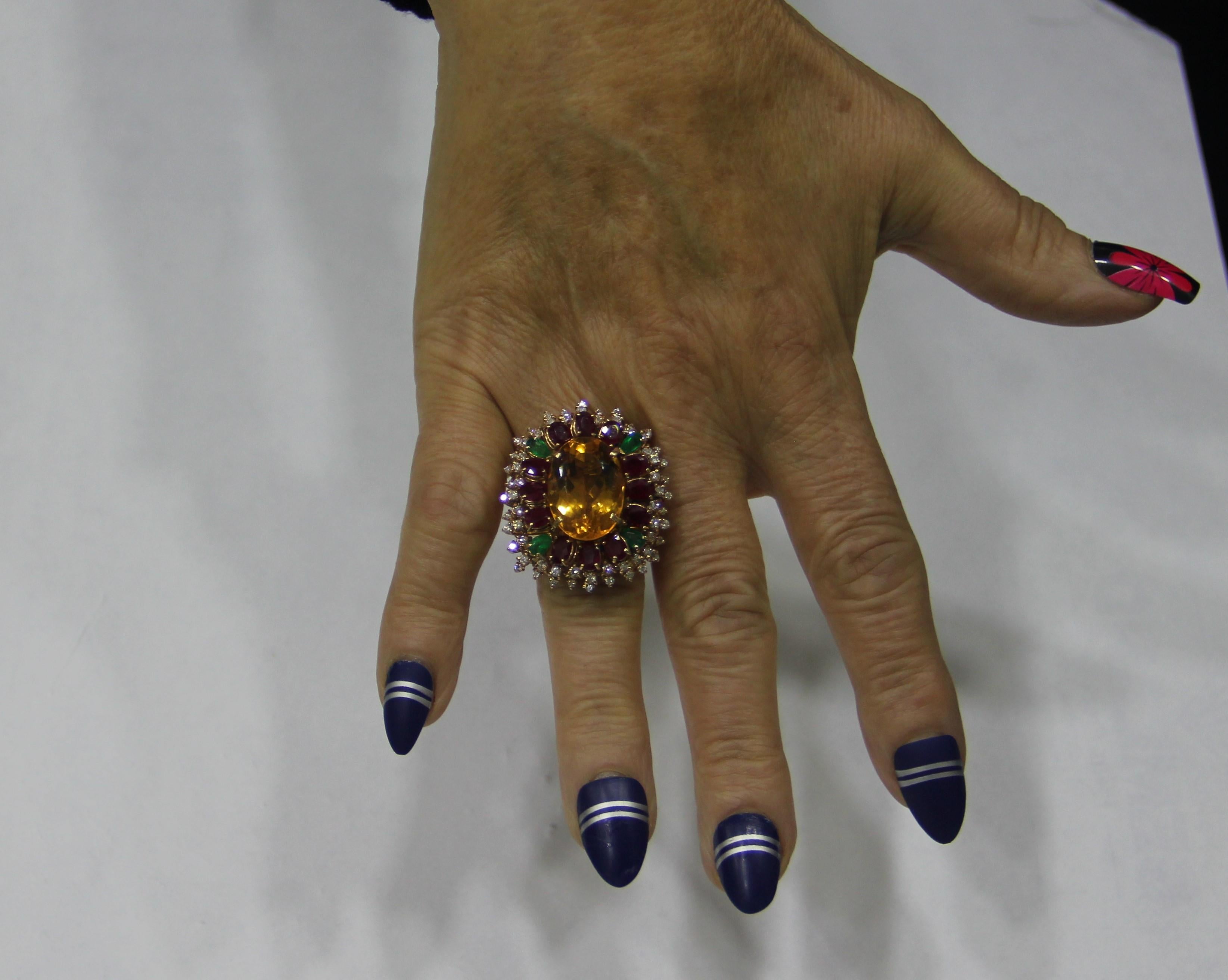 Handcraft Citrine 18 Karat Yellow Gold Diamonds Ruby Emerald Cocktail Ring For Sale 6