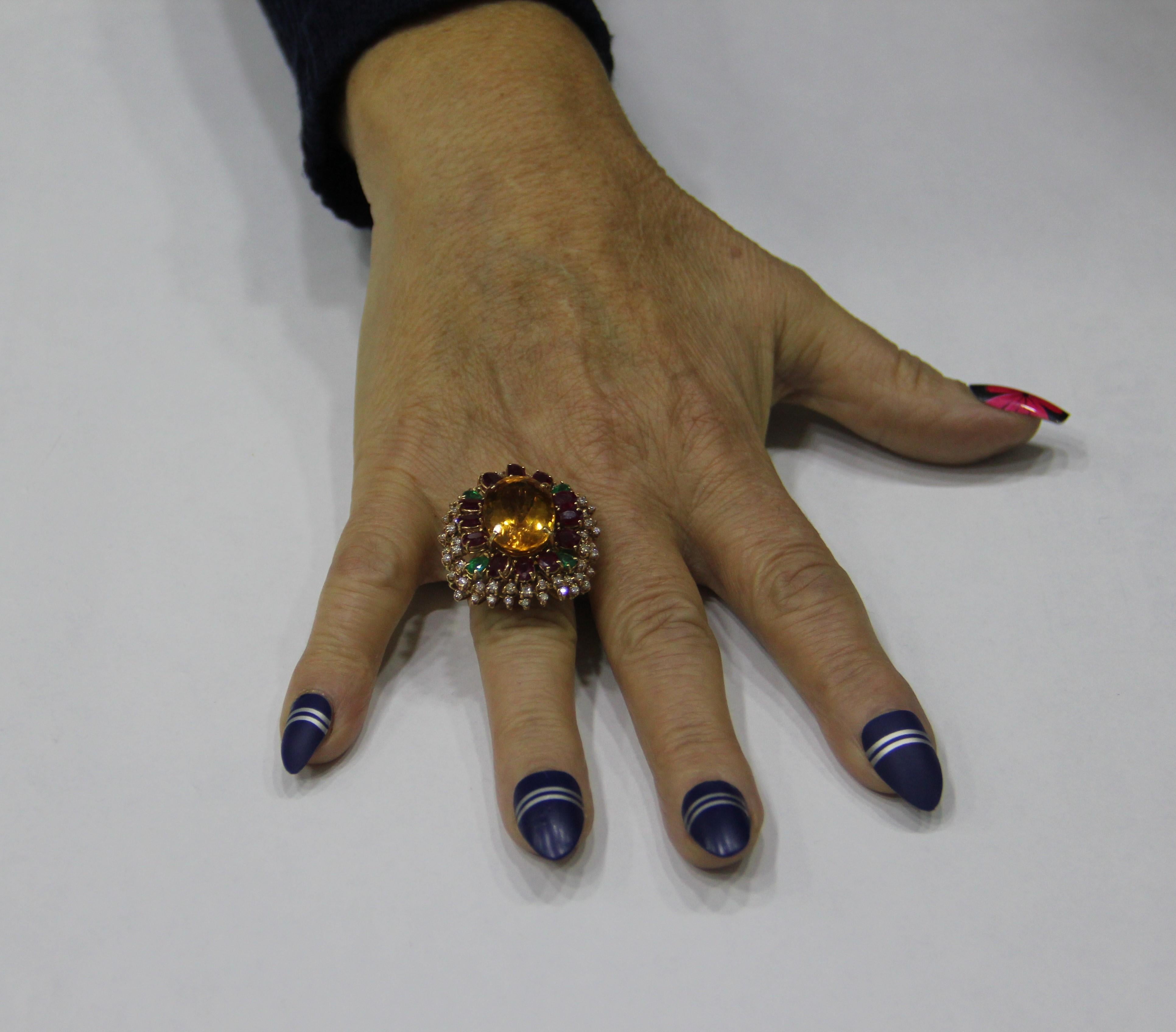 Handcraft Citrine 18 Karat Yellow Gold Diamonds Ruby Emerald Cocktail Ring For Sale 8
