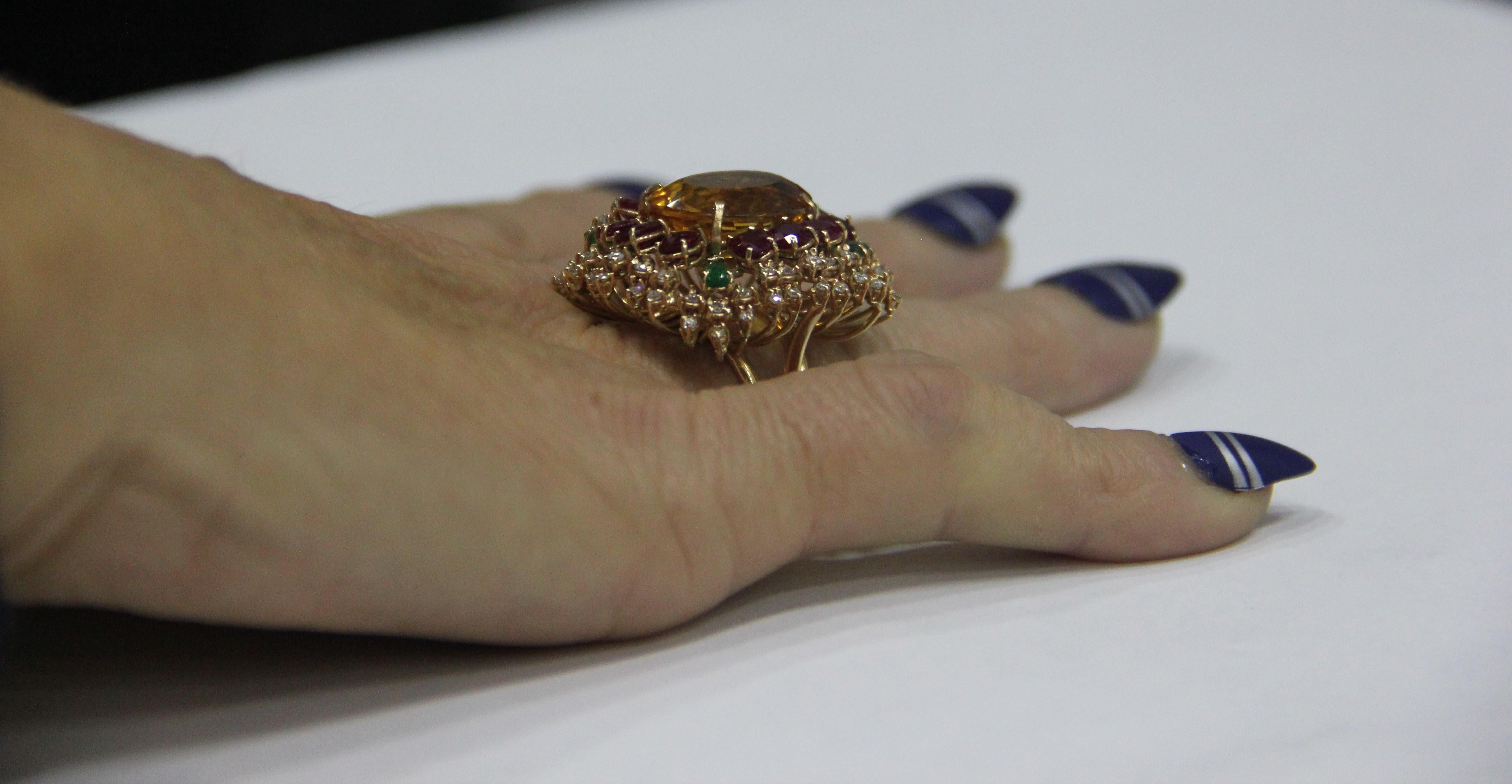 Handcraft Citrine 18 Karat Yellow Gold Diamonds Ruby Emerald Cocktail Ring For Sale 9