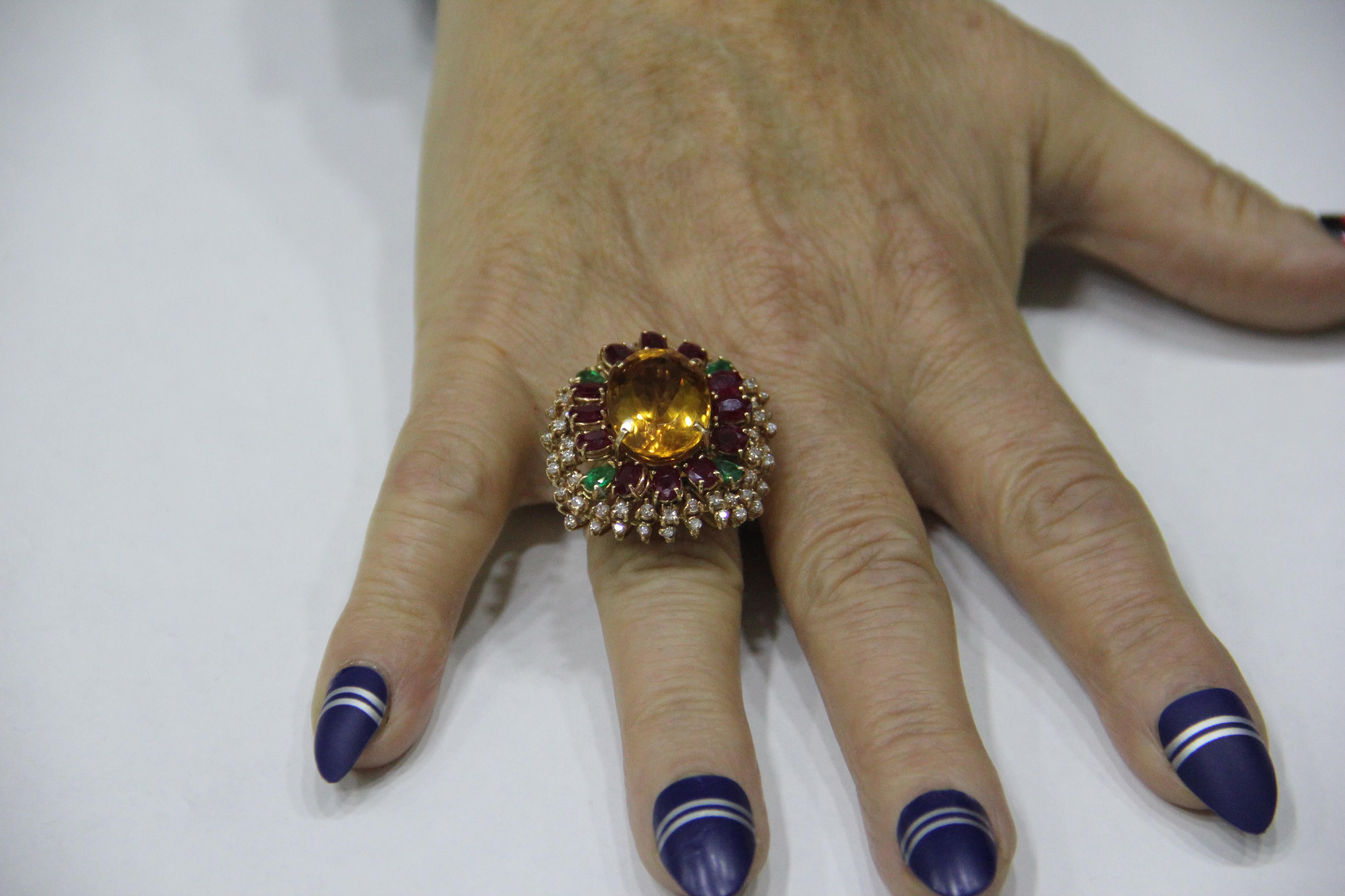 Handcraft Citrine 18 Karat Yellow Gold Diamonds Ruby Emerald Cocktail Ring For Sale 10