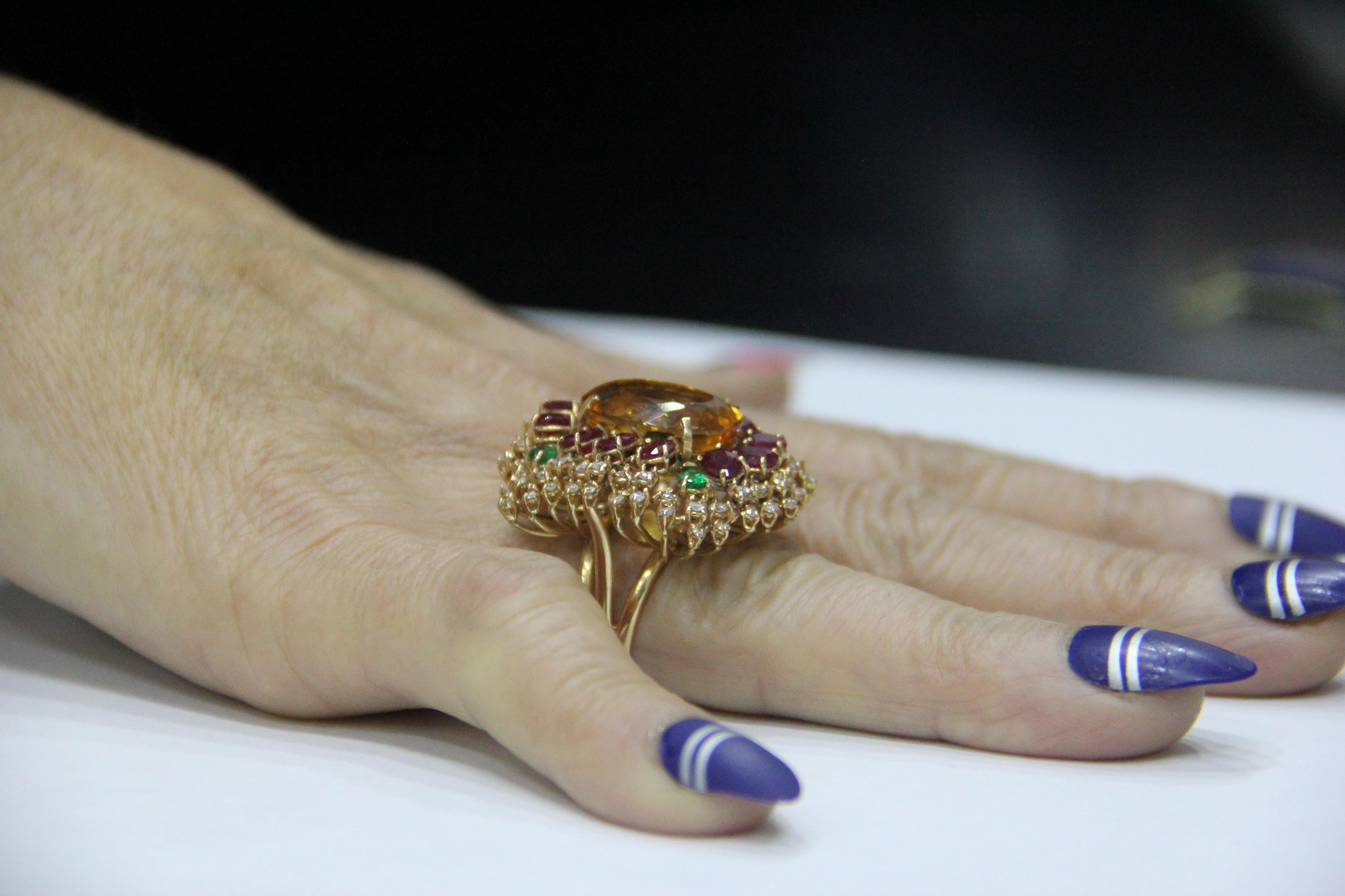 Handcraft Citrine 18 Karat Yellow Gold Diamonds Ruby Emerald Cocktail Ring For Sale 12