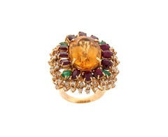 Handcraft Citrine 18 Karat Yellow Gold Diamonds Ruby Emerald Cocktail Ring