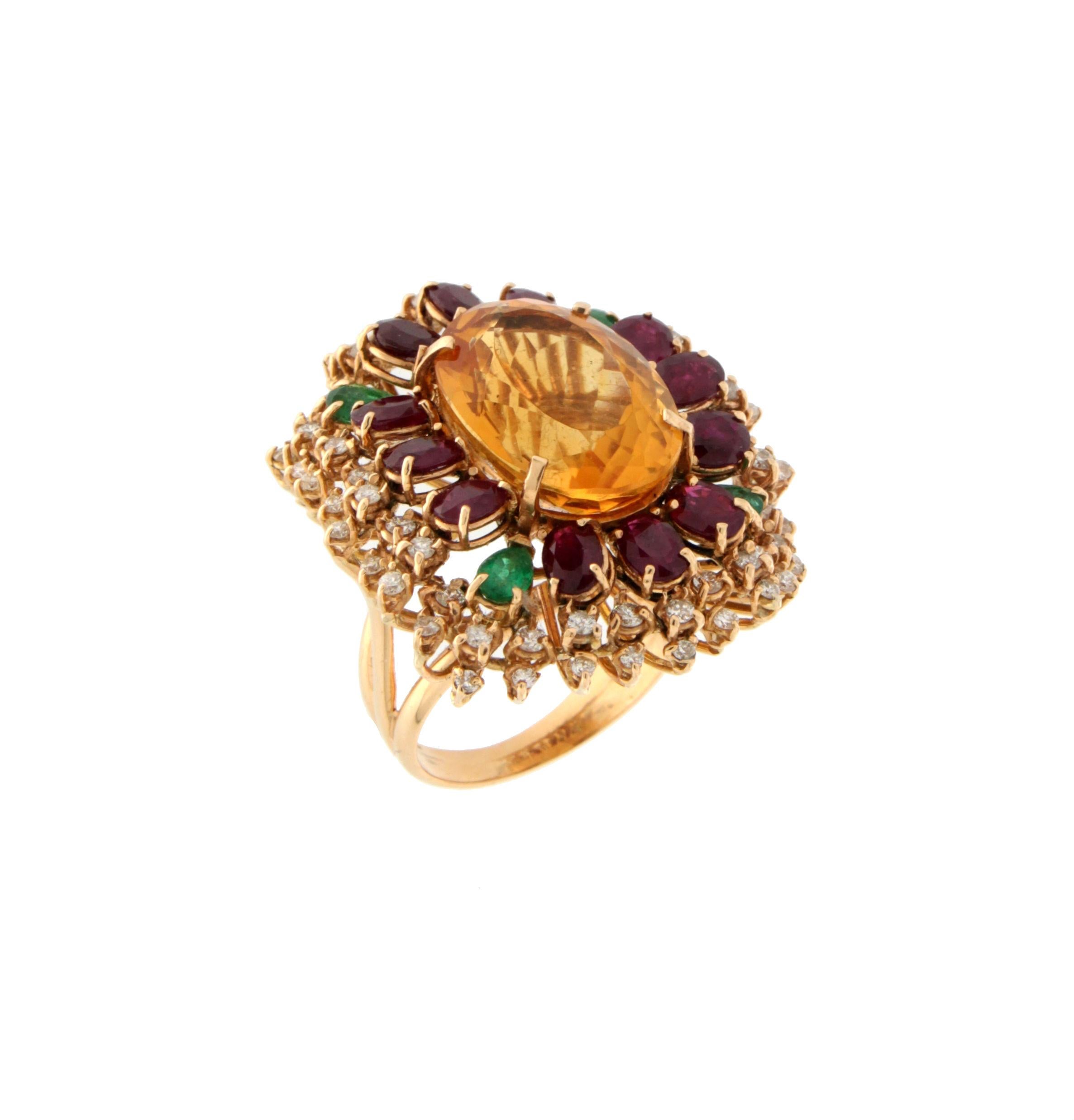 Artisan Handcraft Citrine 18 Karat Yellow Gold Diamonds Ruby Emerald Cocktail Ring For Sale