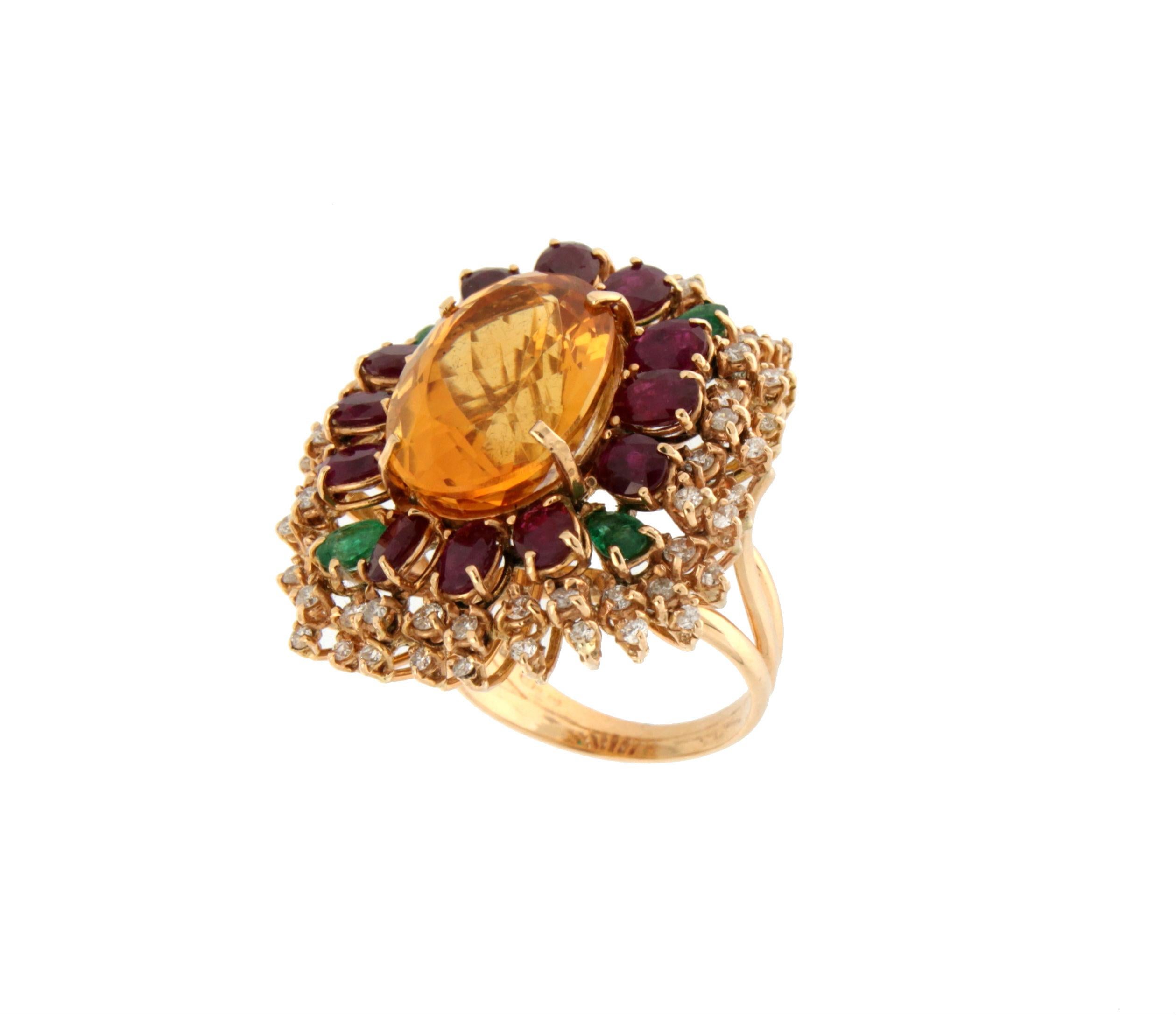 Brilliant Cut Handcraft Citrine 18 Karat Yellow Gold Diamonds Ruby Emerald Cocktail Ring For Sale