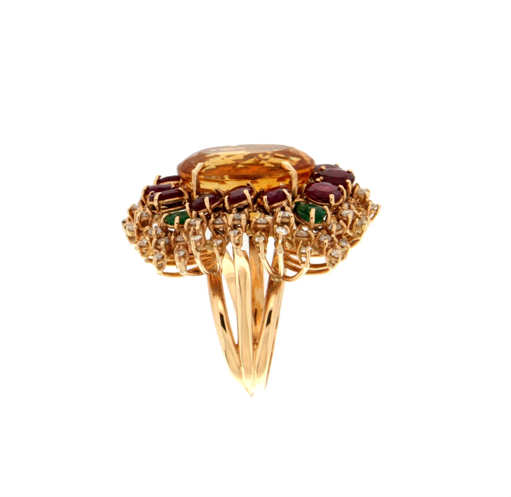 Handcraft Citrine 18 Karat Yellow Gold Diamonds Ruby Emerald Cocktail Ring In New Condition For Sale In Marcianise, IT