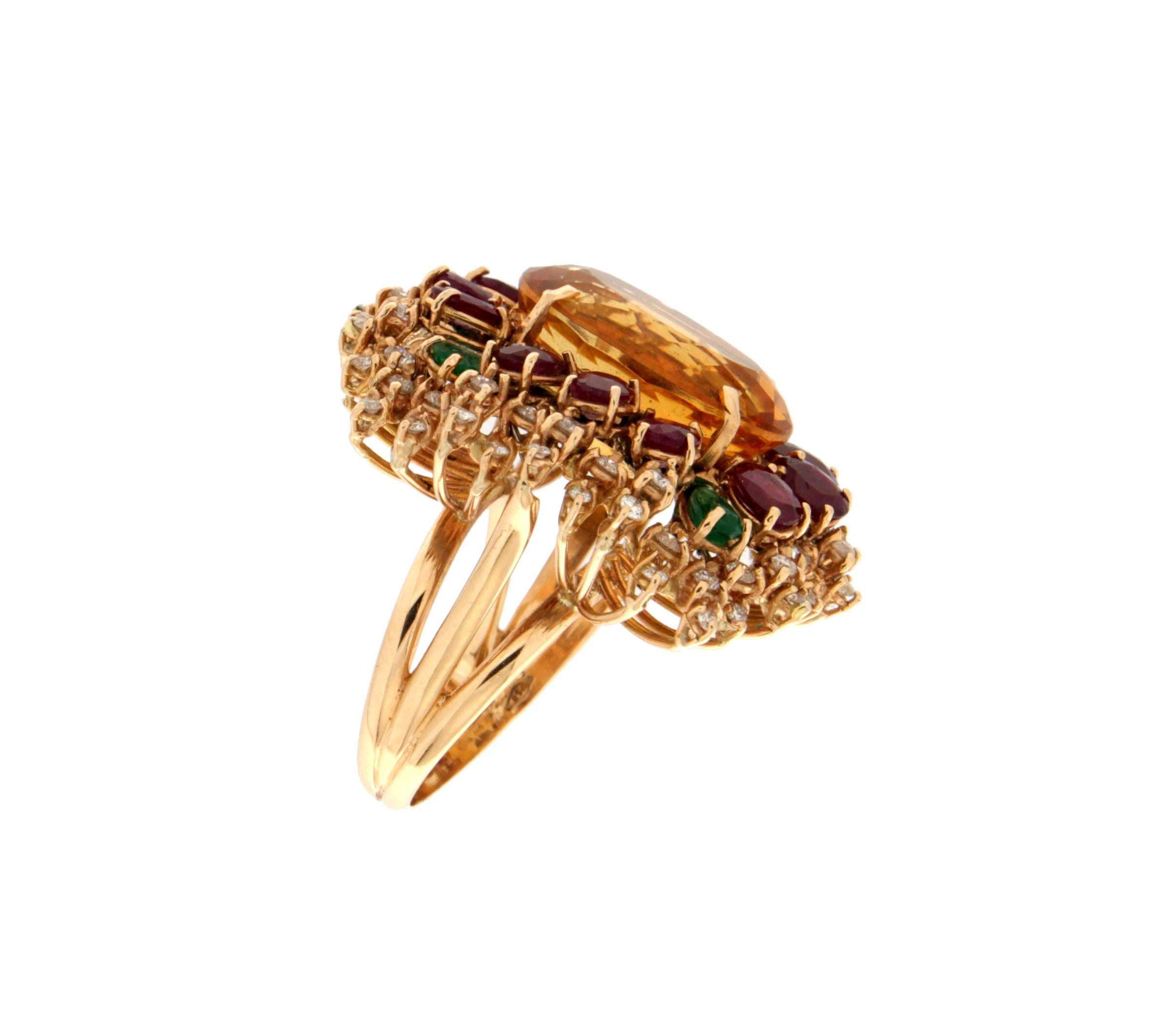 Women's Handcraft Citrine 18 Karat Yellow Gold Diamonds Ruby Emerald Cocktail Ring For Sale