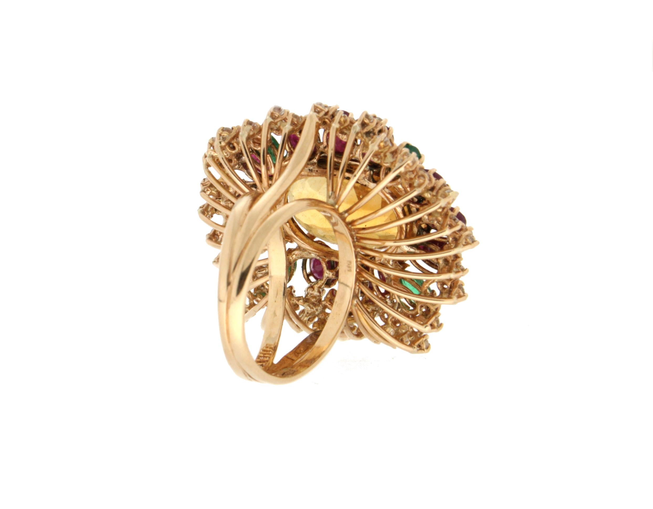 Handcraft Citrine 18 Karat Yellow Gold Diamonds Ruby Emerald Cocktail Ring For Sale 1