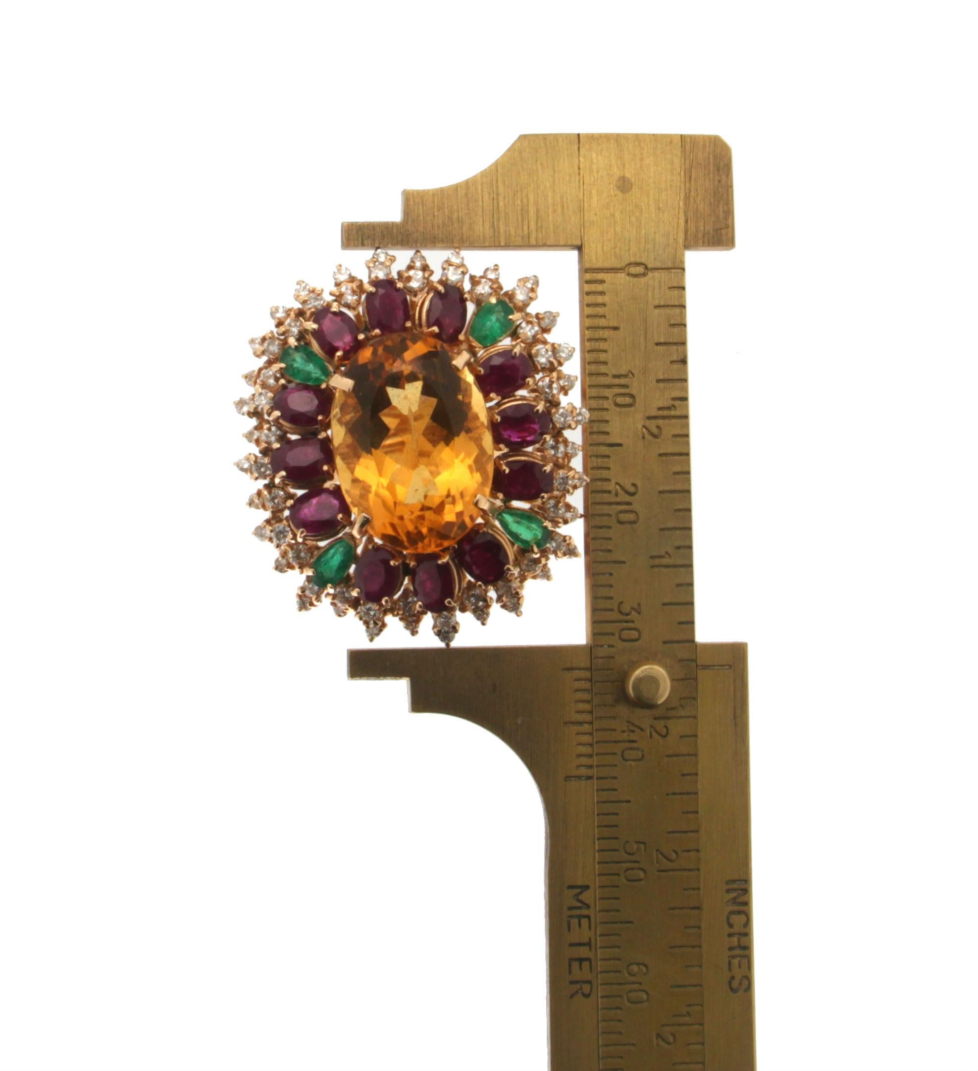 Handcraft Citrine 18 Karat Yellow Gold Diamonds Ruby Emerald Cocktail Ring For Sale 2