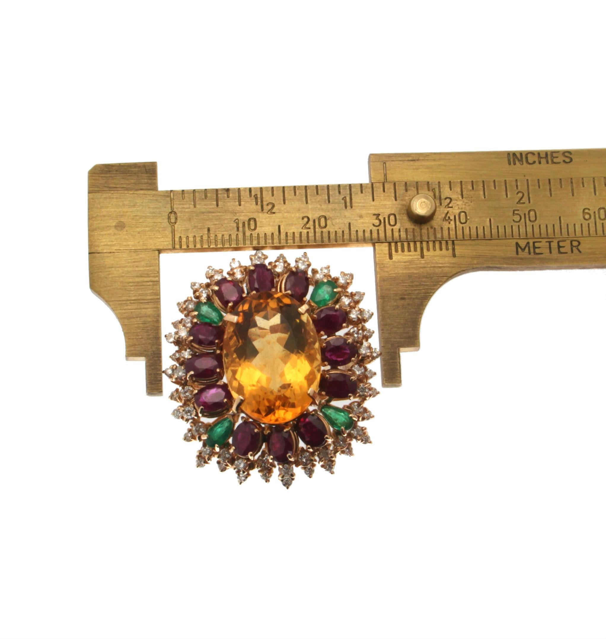 Handcraft Citrine 18 Karat Yellow Gold Diamonds Ruby Emerald Cocktail Ring For Sale 3