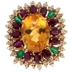 Handcraft Citrine 18 Karat Yellow Gold Diamonds Ruby Emerald Cocktail Ring