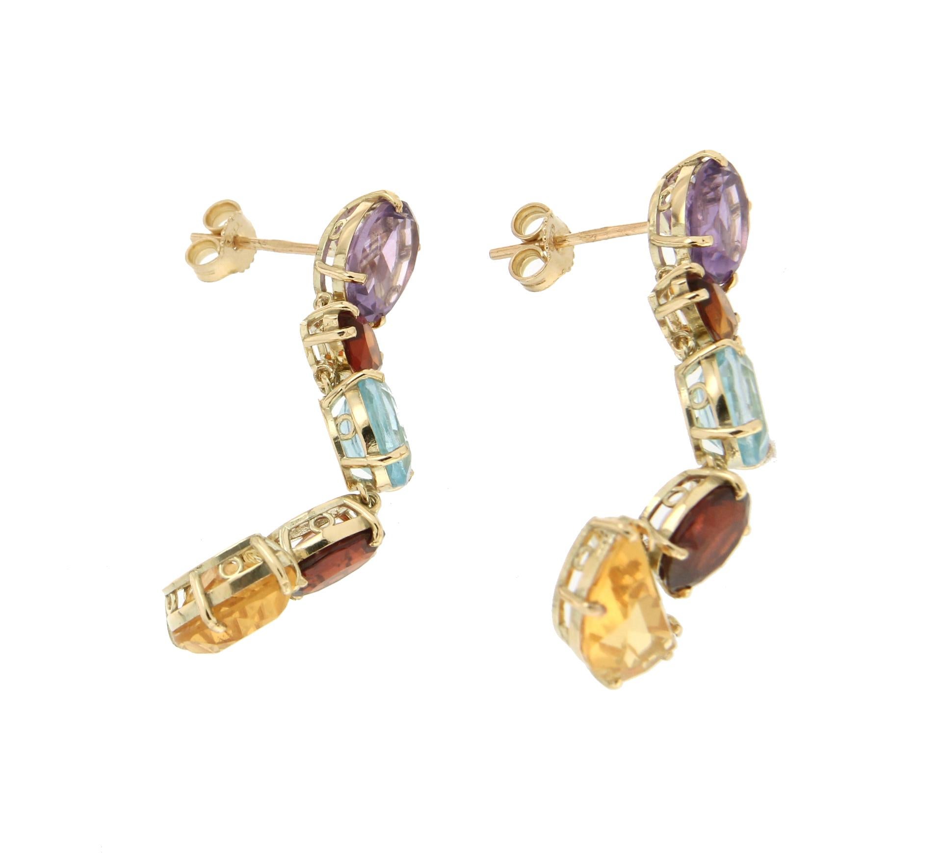 Uncut Handcraft Citrines 14 Karat Yellow Gold Amethyst Garnet Drop Earrings For Sale