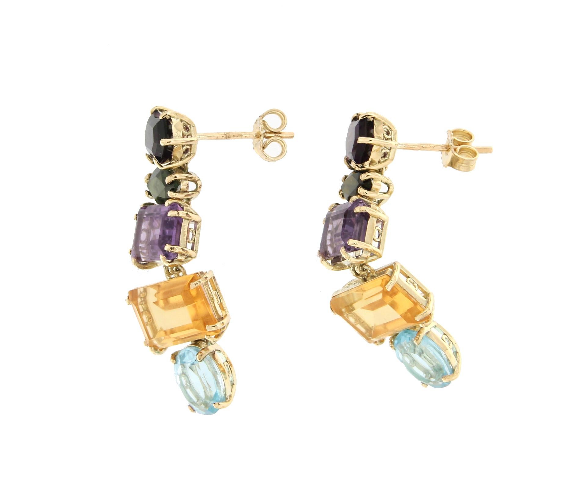 Handcraft Citrines 14 Karat Yellow Gold Amethyst Tourmaline Drop Earrings In New Condition For Sale In Marcianise, IT