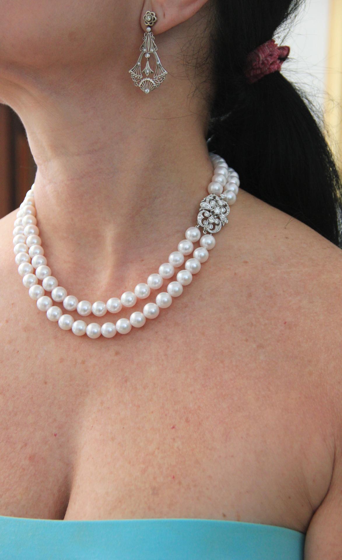 Women's or Men's Handcraft Clasp 18 Karat White Gold Japan Pearls Diamonds Multi-Strand Necklace