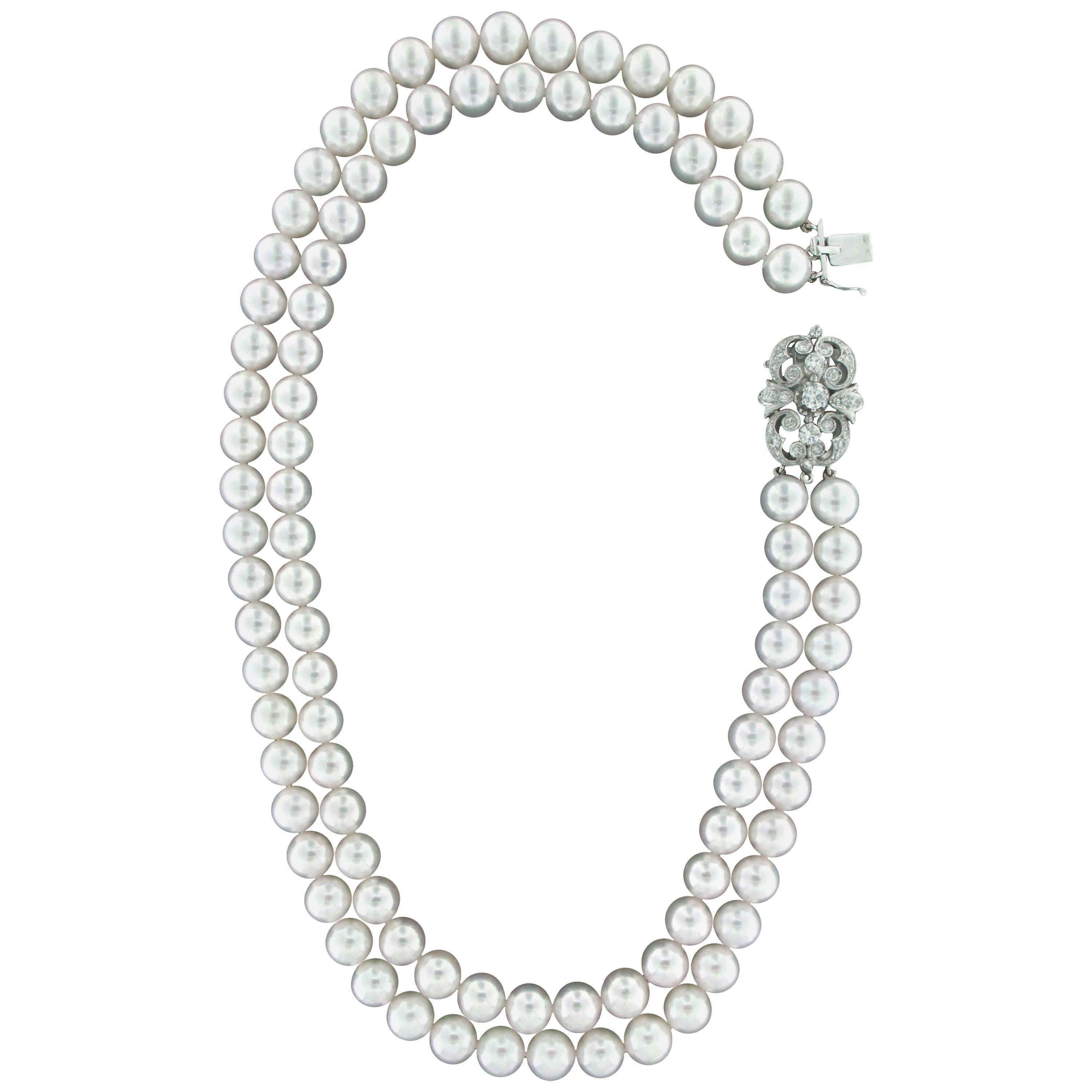 Handcraft Clasp 18 Karat White Gold Japan Pearls Diamonds Multi-Strand Necklace